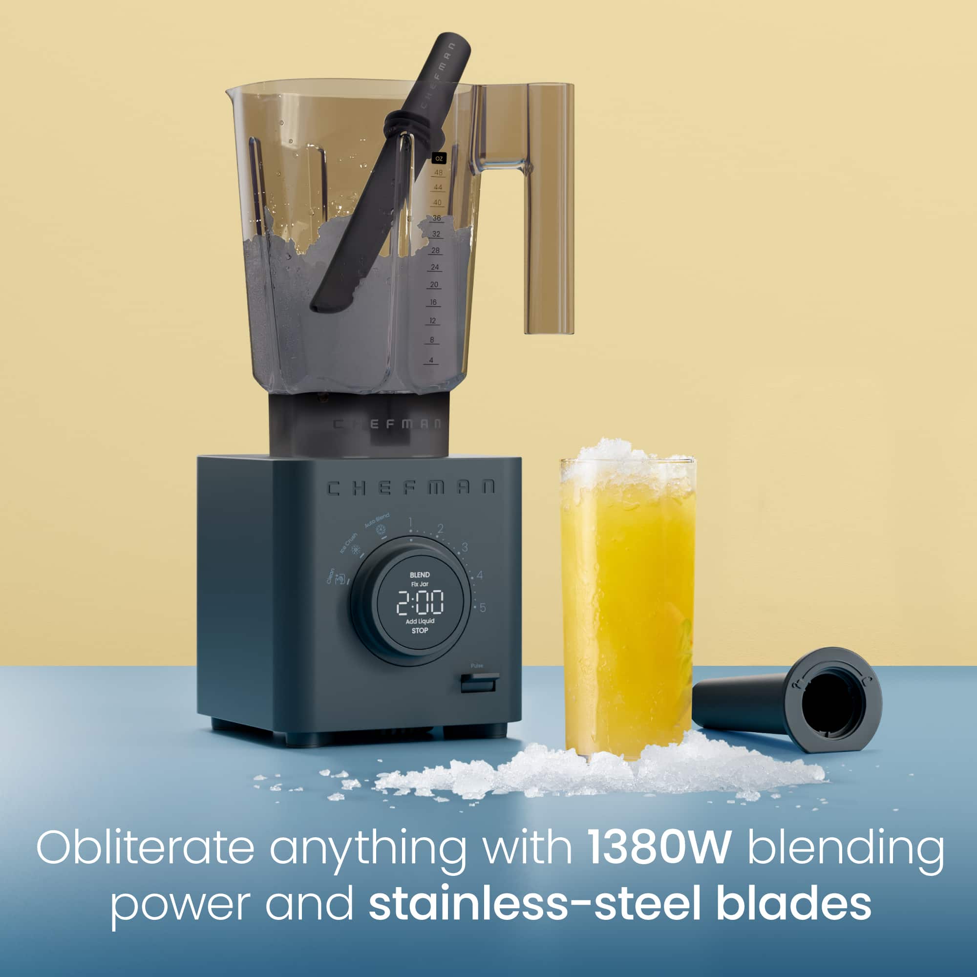 Obliterate anything with 1380W blending power and stainless-steel blades.