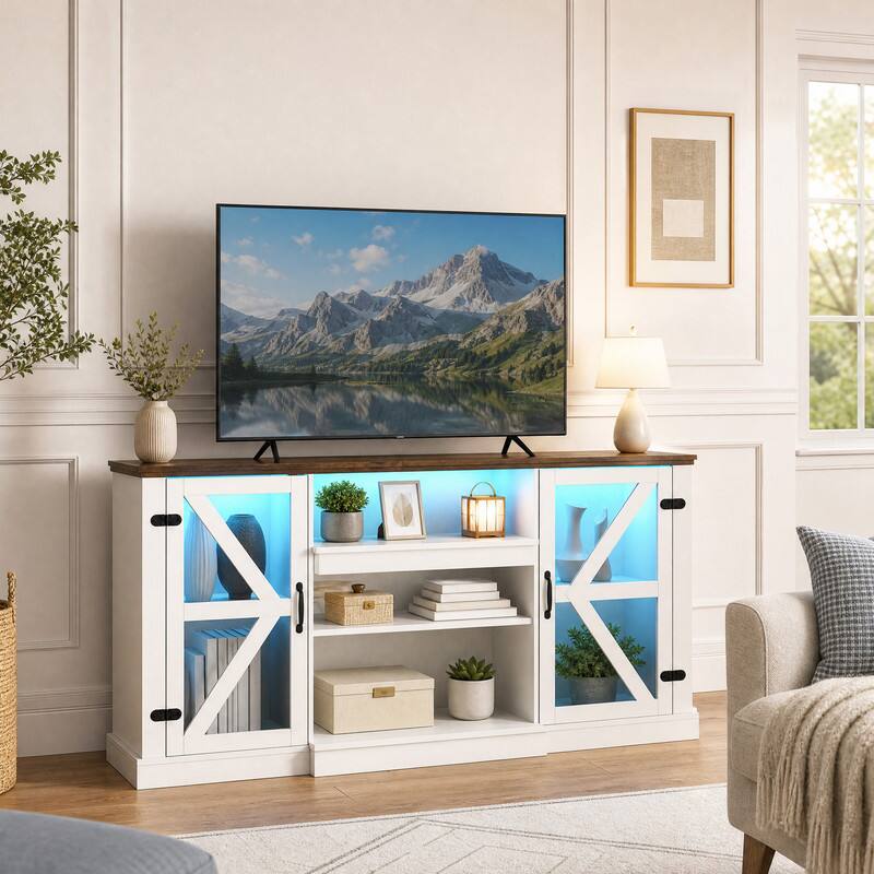 Angle. WELLFOR - Farmhouse TV Stand  for TVs up to 65 ", LED Entertainment Center Media Console Table with Glass Door - White.