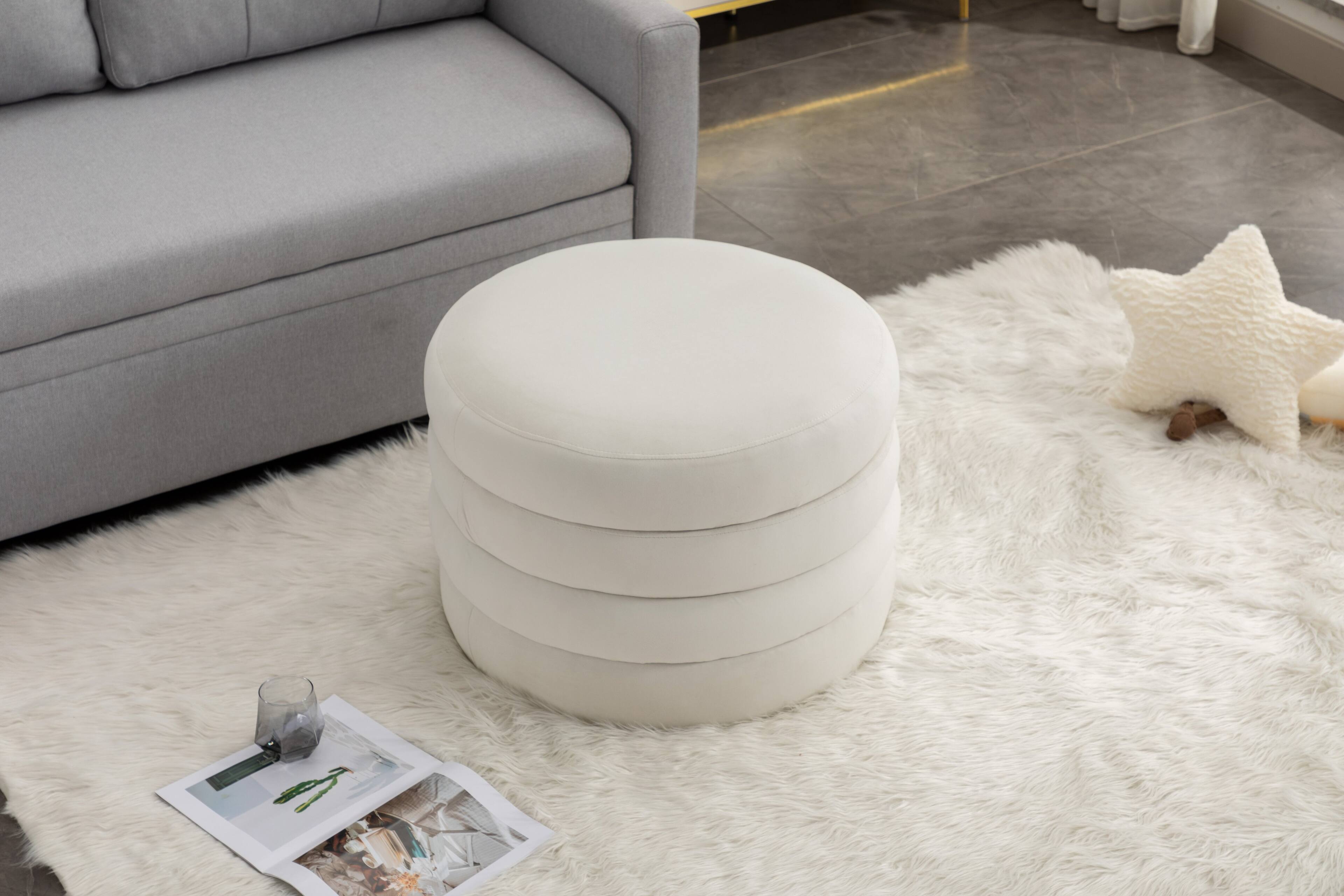 Alt View 1. GOODSILO - Soft Velvet Round Ottoman Footrest Stool with Wooden Frame for Living Room and Bedroom Comfortable Seating - Ivory.