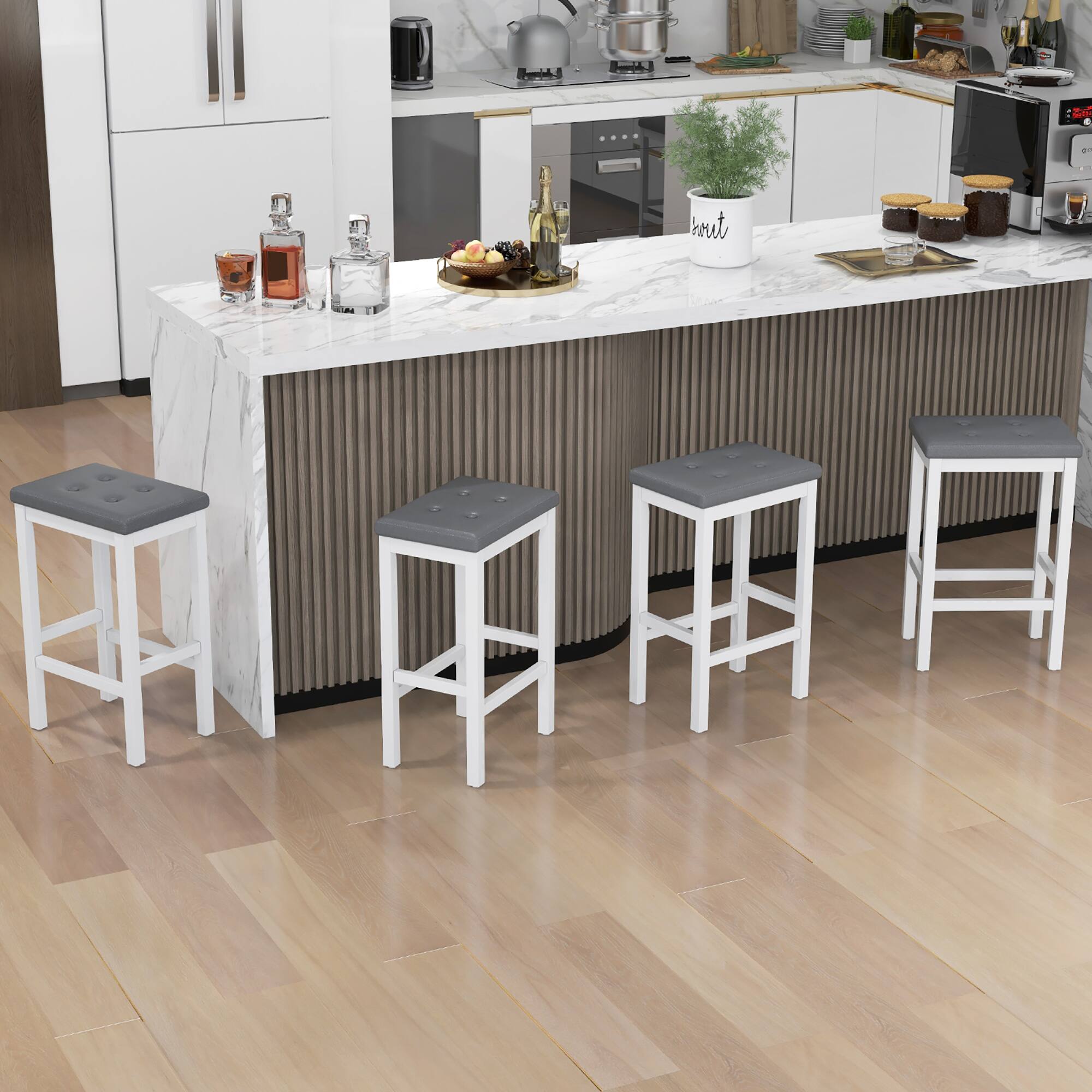Alt View 1. Gymax - Gymax 24'' Upholstered Bar Stools Set of 4 Home Kitchen Stools w/ Solid Wood Support Legs Gray & White - Gray, White.