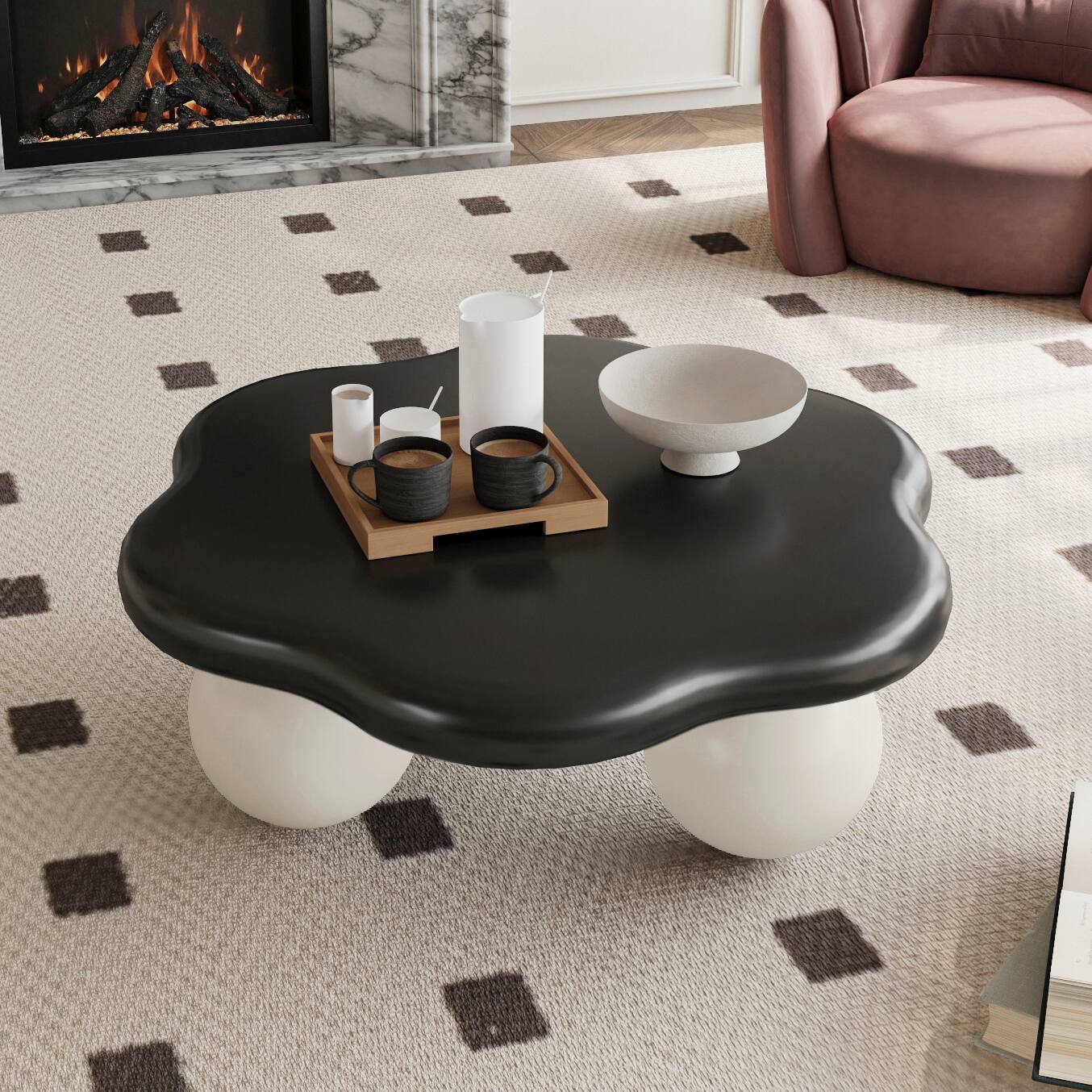 Angle. Loheer - Loheer 35 Inch Cloud Shaped Coffee Table Modern Minimalist Petal Living Room Table Black Top White Spherical Legs - Black White.