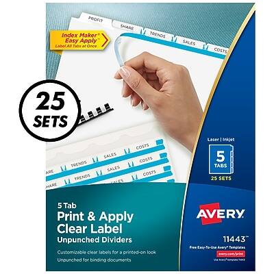 **PROFIT Index Maker Easy Apply Label Tabs at Once**

- **25 SETS**
- **5 TABS**
- **Laser Inkjet**

**SHARE TRENDS SALES COSTS**

**5 Tab Print & Apply Clear Label Unpunched Dividers**
- Customizable clear labels for a printed-on look
- Unpunched for binding documents

**AVERY 11443**
- Free Easy-To-Use Avery Templates
- www.avery.com/templates