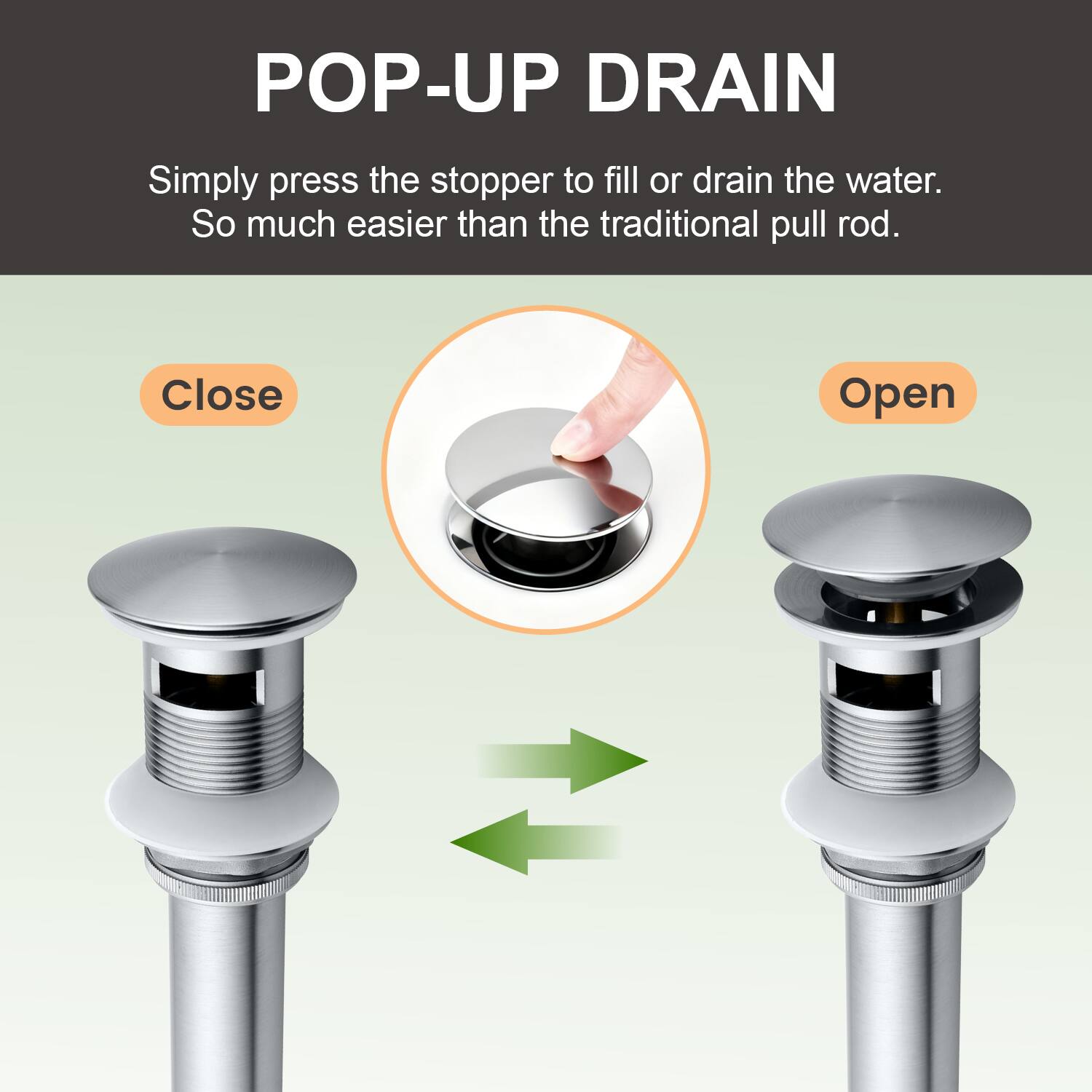 POP-UP DRAIN

Simply press the stopper to fill or drain the water. So much easier than the traditional pull rod.

Close Open