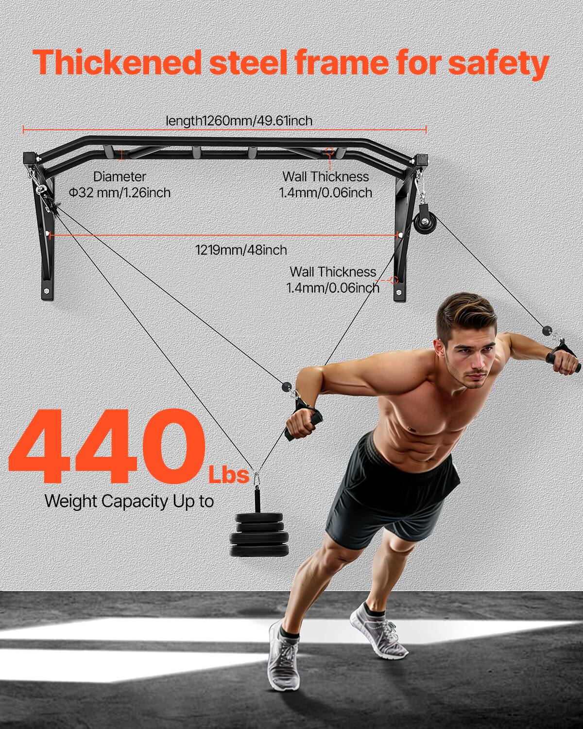 Thickened steel frame for safety. Length: 1260mm/49.61 inch. Diameter: 32 mm/1.26 inch. Wall Thickness: 1.4mm/0.06 inch. Weight Capacity: Up to 440 lbs.