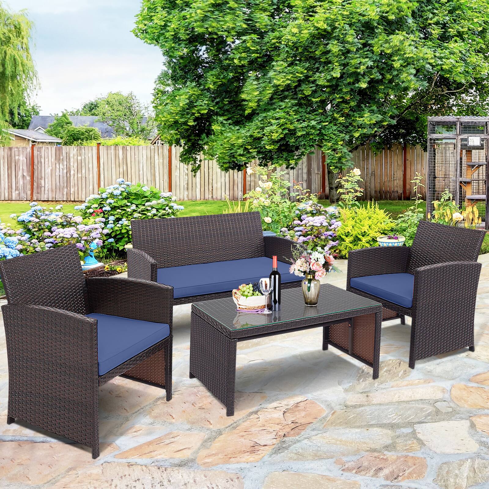 Alt View 1. Gymax - Gymax 4PCS Patio Conversation Set Outdoor Rattan Furniture Set w/ Navy Cushions - Navy.