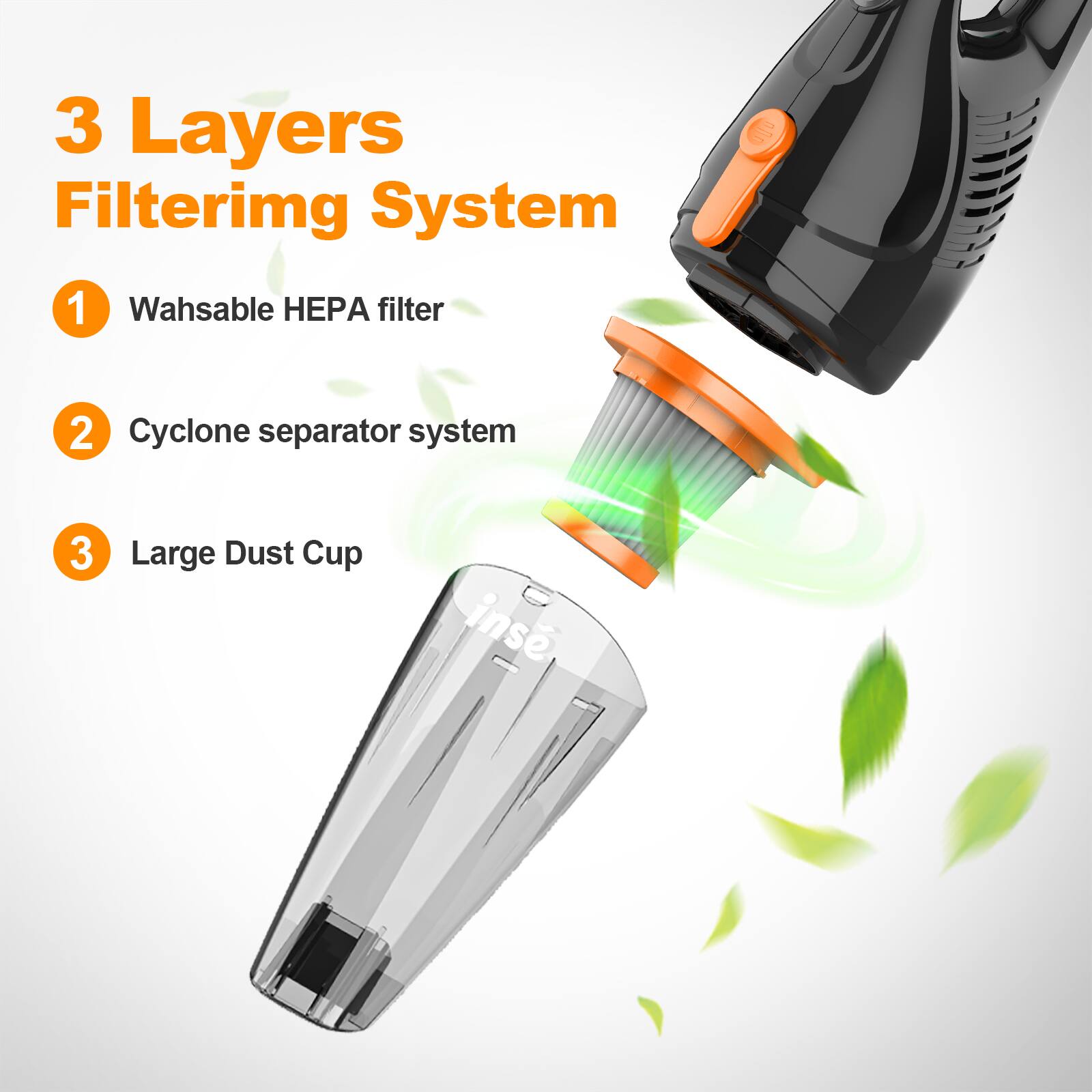 3 Layers Filtering System  
1. Washable HEPA filter  
2. Cyclone separator system  
3. Large Dust Cup