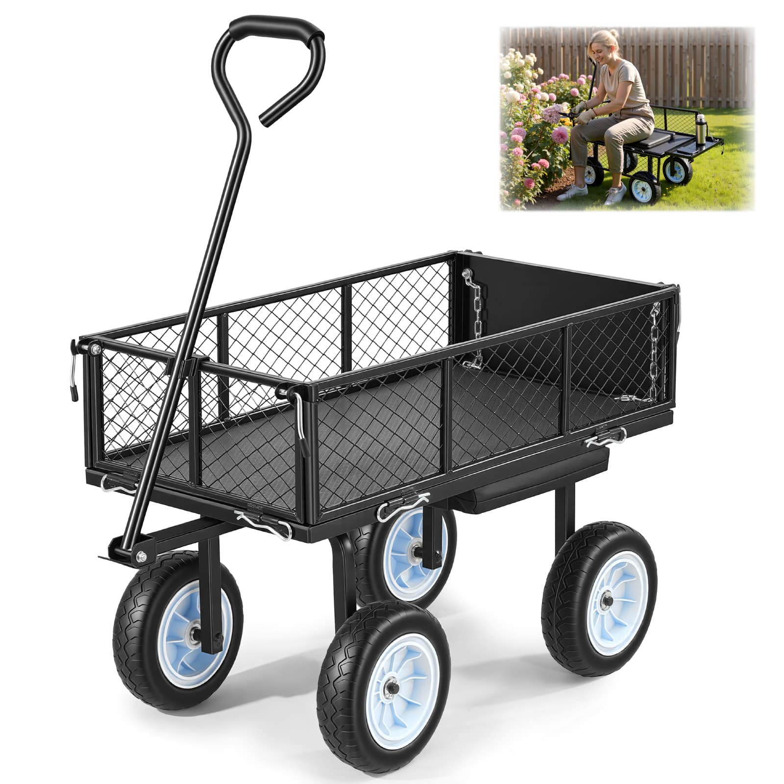 VEVOR - Garden Cart with Seat, 500 LBS, Rolling Steel Garden Work Seat with Wheels, Heavy Duty Gardening Stool, with Tool Tray - Black