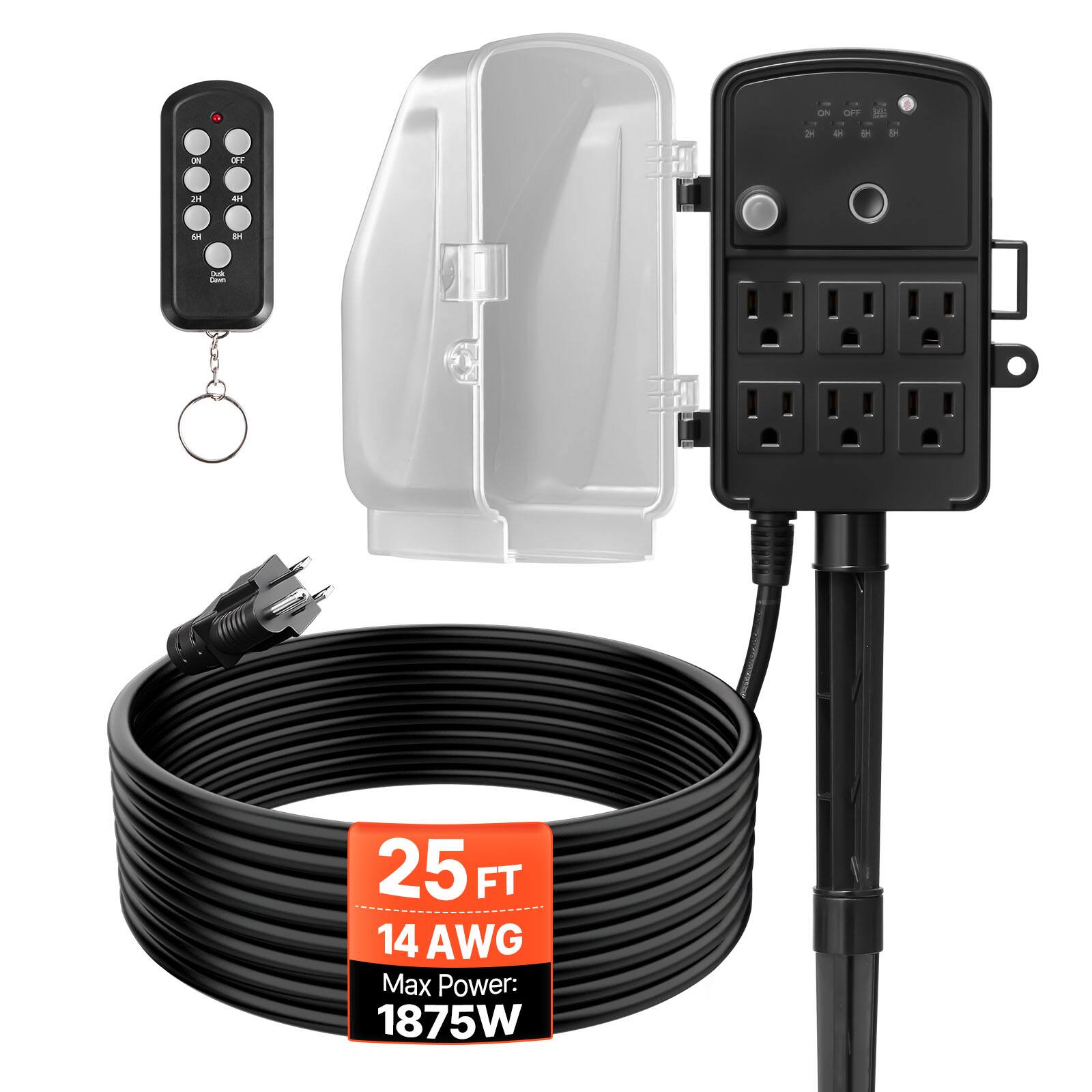VEVOR - Outdoor Power Stake, 25FT Extension Cord, Outdoor Power Strip Weatherproof with Cover, Remote Control Dusk to Dawn Light - Black