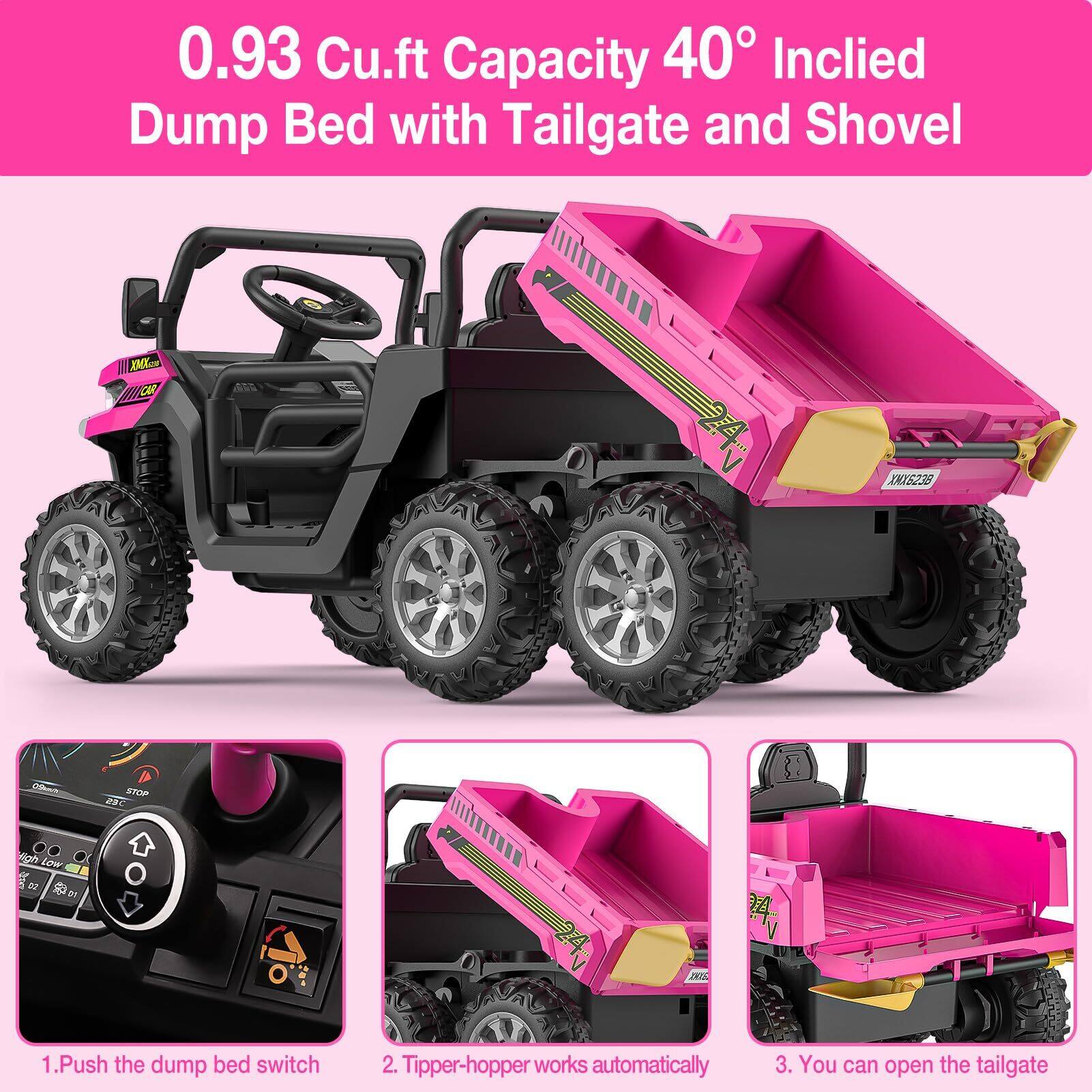 0.93 Cu.ft Capacity 40° Inclined Dump Bed with Tailgate and Shovel

1. Push the dump bed switch
2. Tipper-hopper works automatically
3. You can open the tailgate
