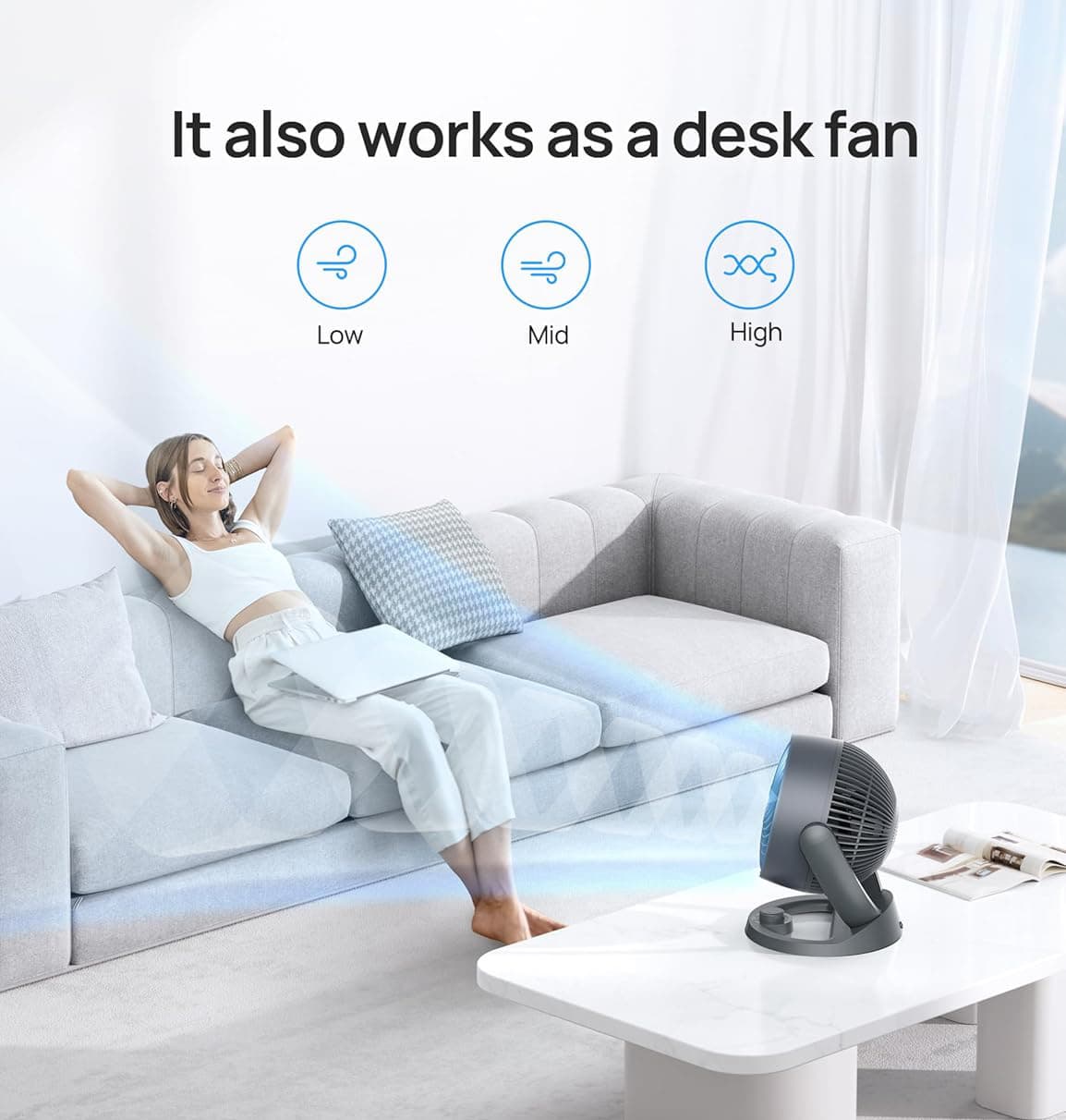 It also works as a desk fan

Low | Mid | High