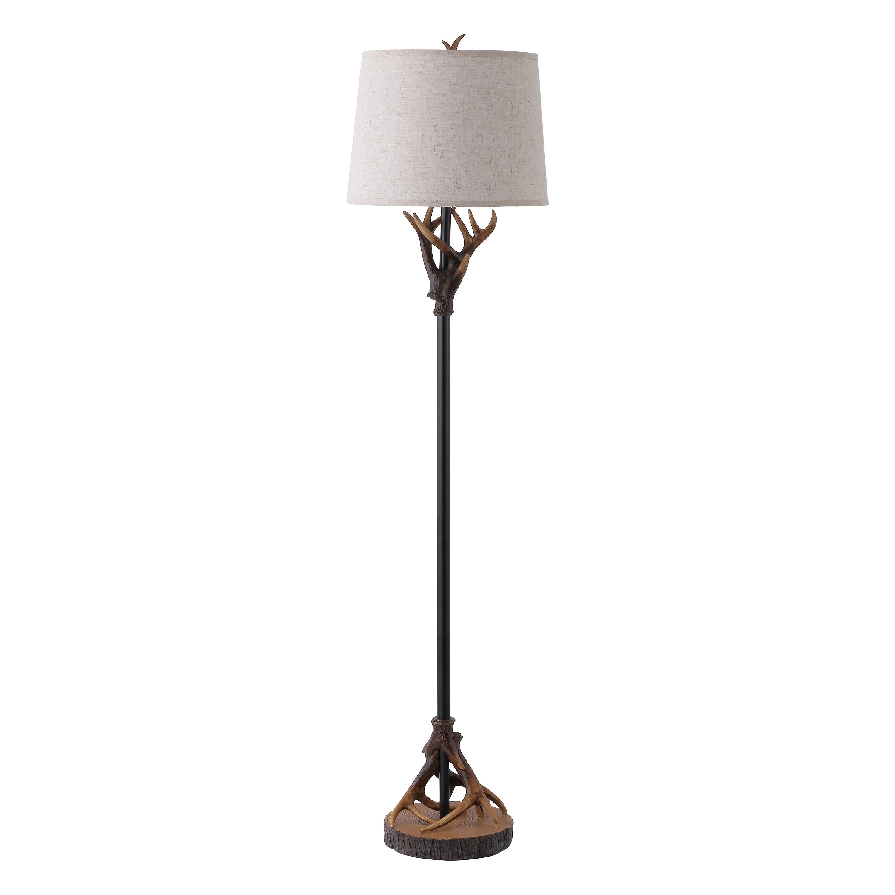 Alt View 7. Jonathan Y - Benjamin 61" Rustic Farmhouse Metal and Resin Antler Floor Lamp with Beige Linen Shade and Wood-Slice Base, Brown/Black - Brown/Black.