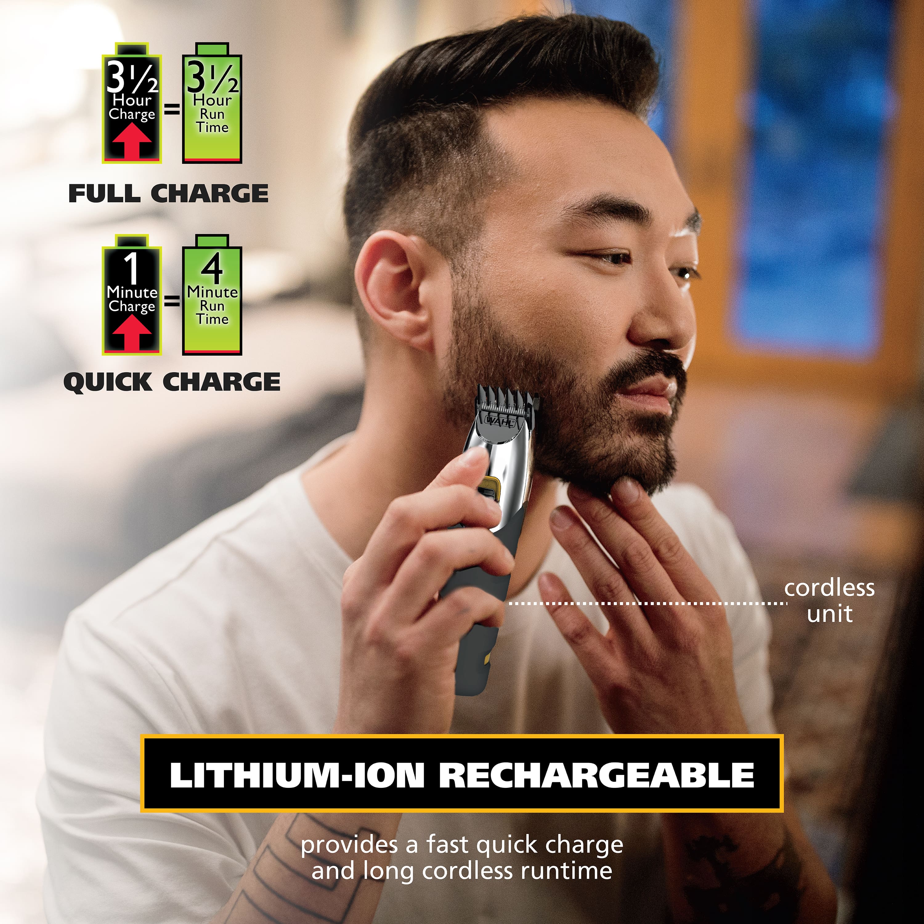 The text on the image reads: "31/2 312 Hour Charge = Run Time FULL CHARGE 1 4 Minute Minute = Run Charge Time QUICK CHARGE cordless unit LITHIUM-ION RECHARGEABLE provides a fast quick charge and long cordless runtime."