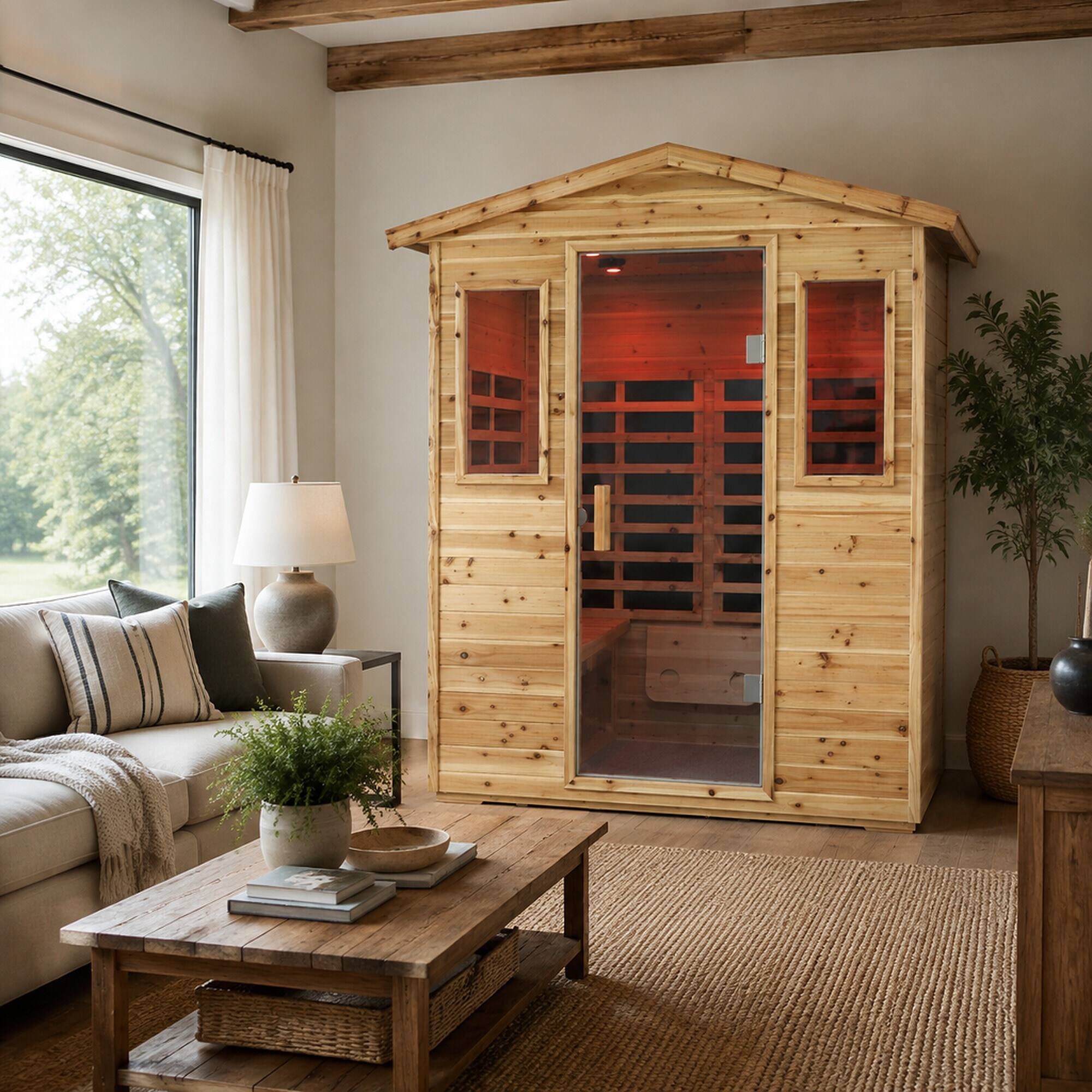 Alt View 1. RYHNUYNE - Four Person Far-Infrared Outdoor Sauna Room, Old Fir Wood, 48.66 in Wide, 2100W, 8 Heating Panels, Bluetooth Audio, LCD - Natural.