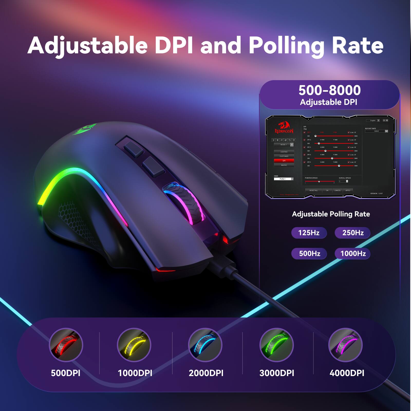 Adjustable DPI and Polling Rate: 500-8000 Adjustable DPI and Polling Rate 125Hz, 250Hz, 500Hz, 1000Hz, 500DPI, 1000DPI, 2000DPI, 3000DPI, 4000DPI