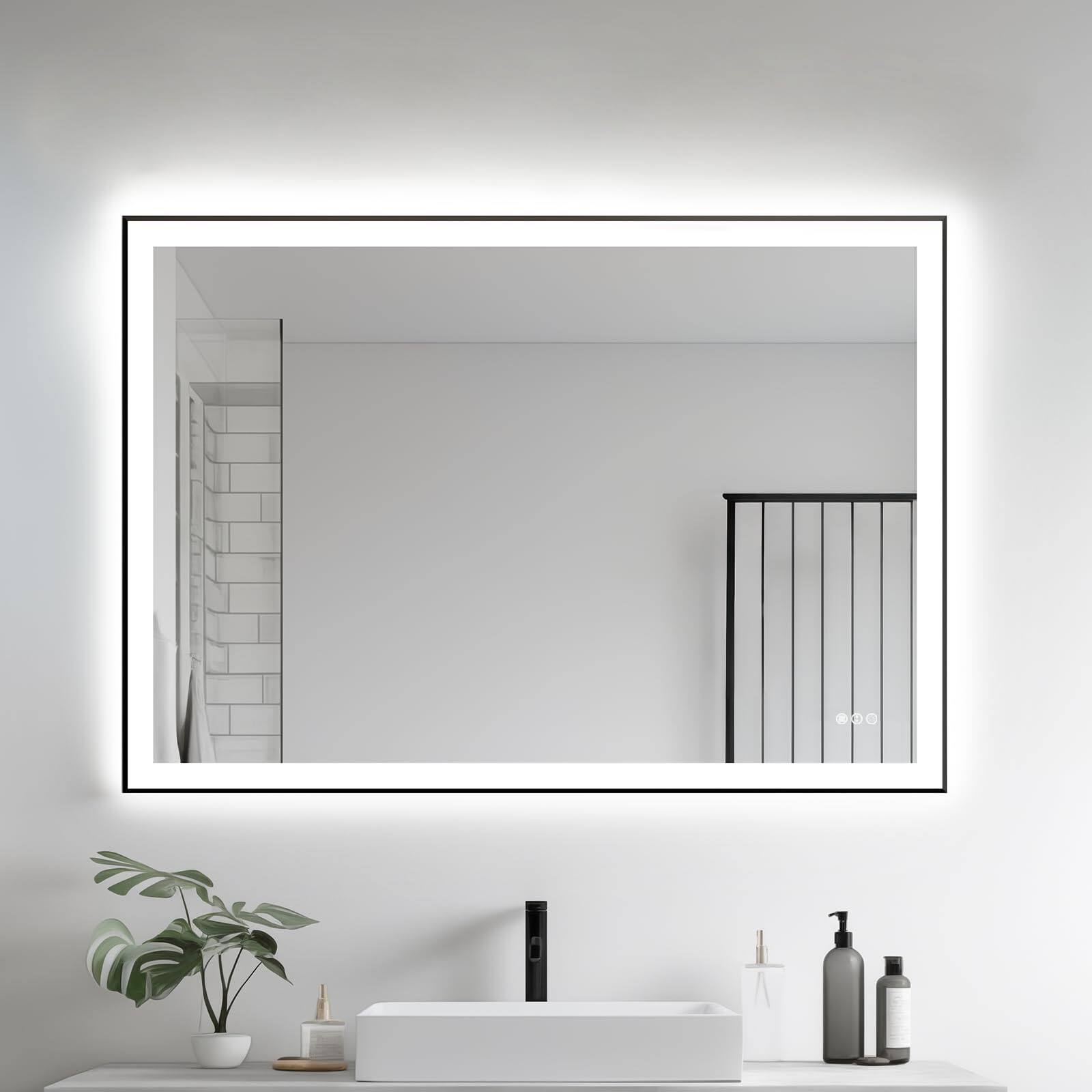 Framed Led Mirror-black 48"L x 32"W