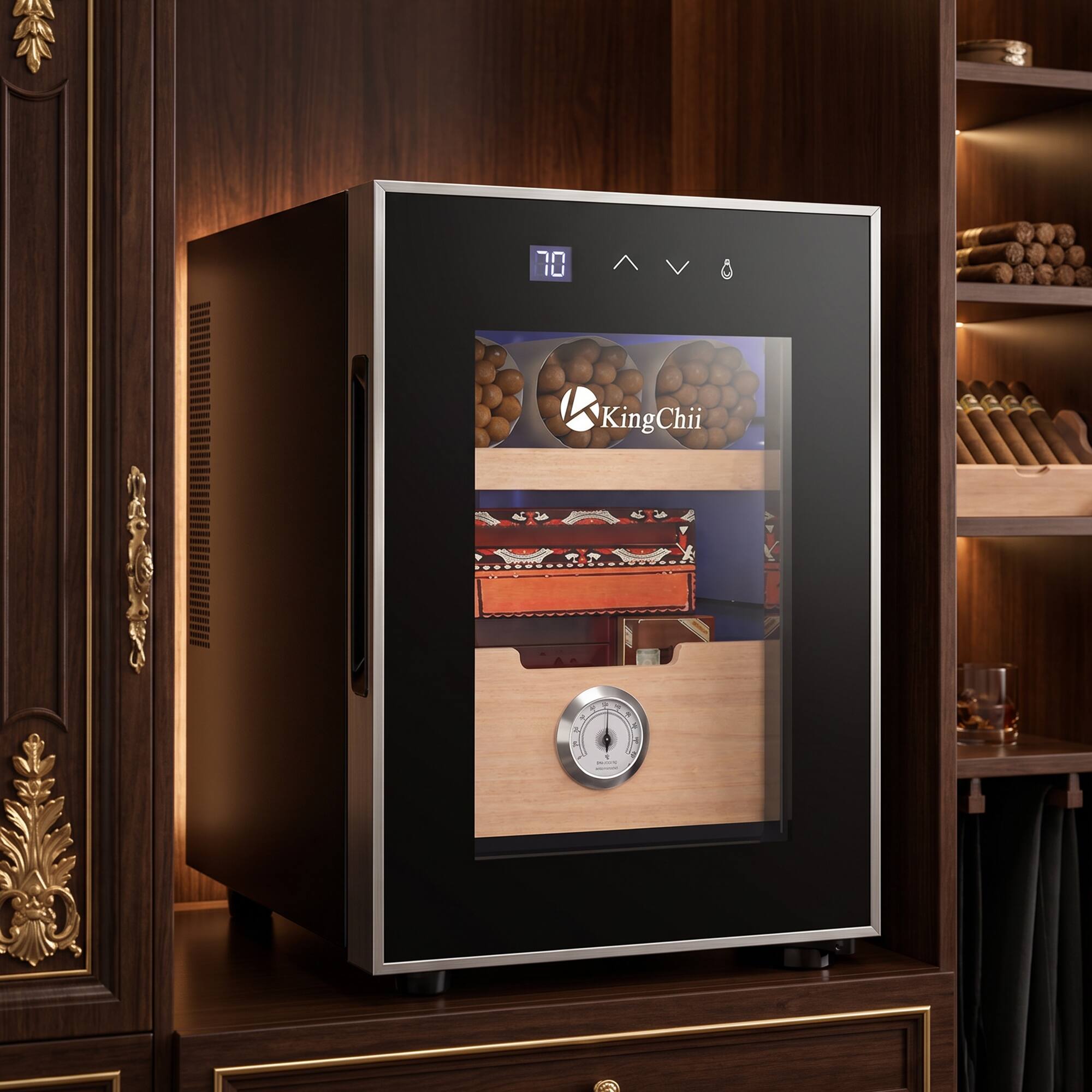 Angle. KingChii - KingChii 16L Electric Cigar Humidor with Heating & Cooling, Spanish Cedar, Black - Black.
