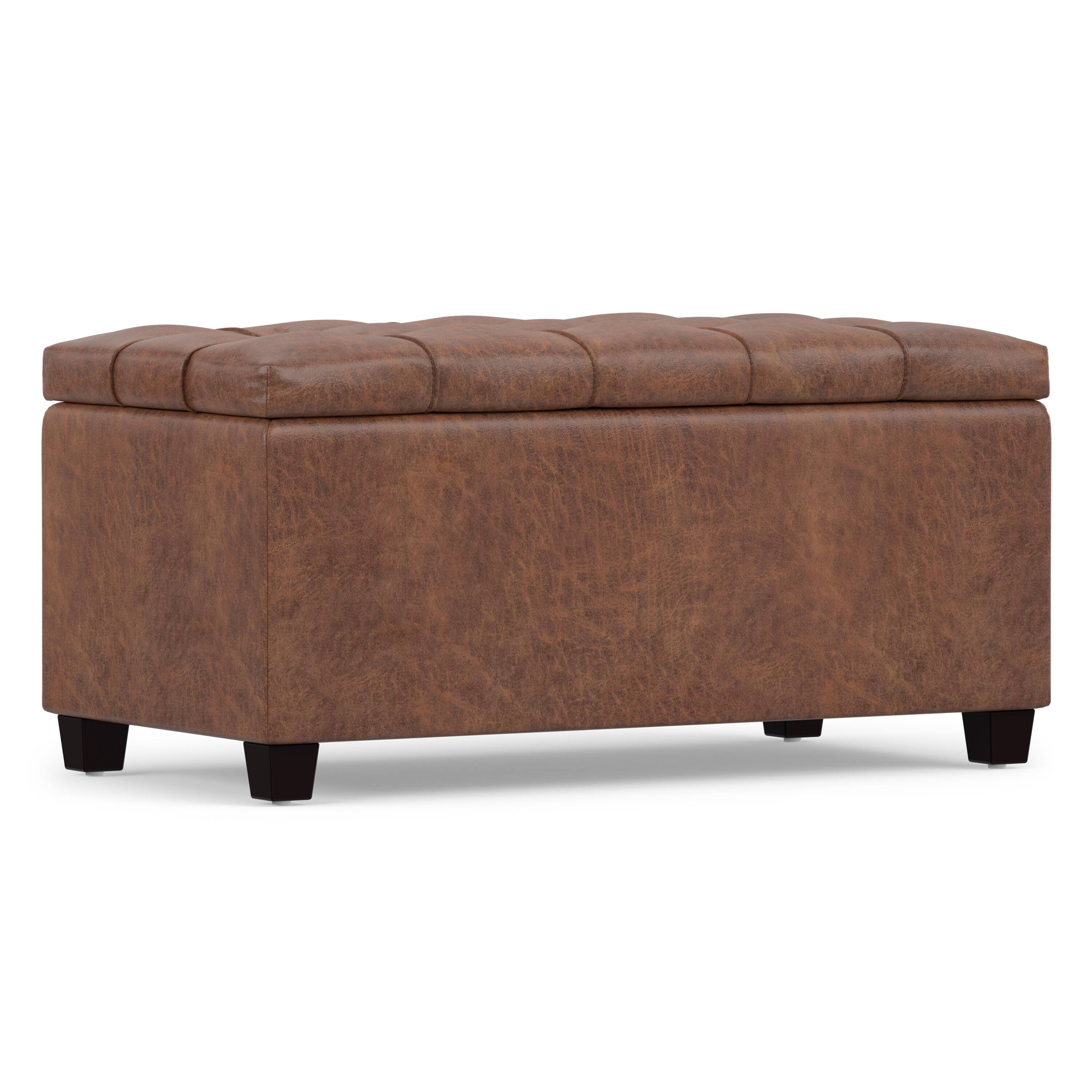 Alt View 4. Simpli Home - Sienna 33 inch Wide Storage Ottoman Bench in Distressed Saddle Brown Vegan Leather - Distressed Saddle Brown.