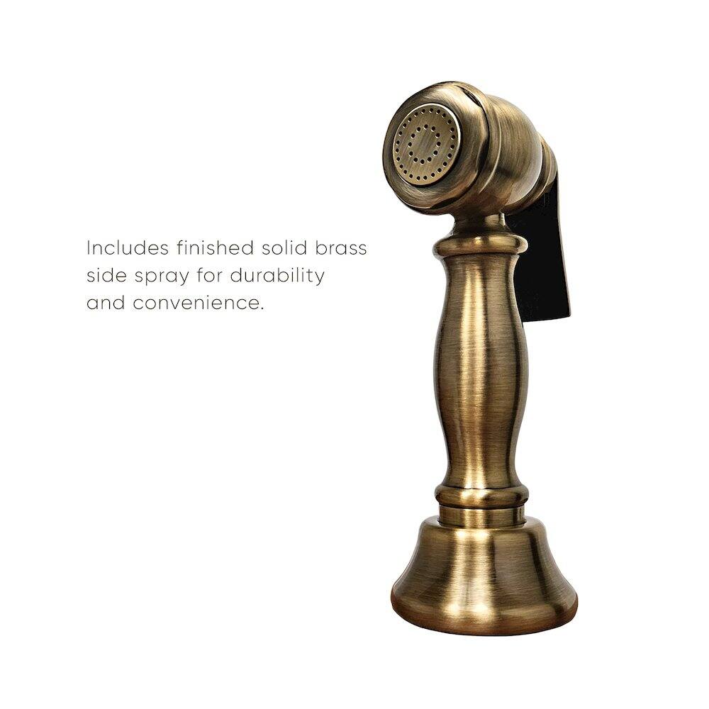 Includes finished solid brass side spray for durability and convenience.