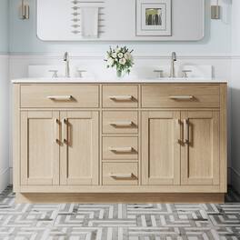 WELLFOR - 60 in Solid Wood Bathroom Vanity with Double Sink,4 Doors,6 Drawers& Cultured Marble Countertop,Brushed Nickel Handle - OAK
