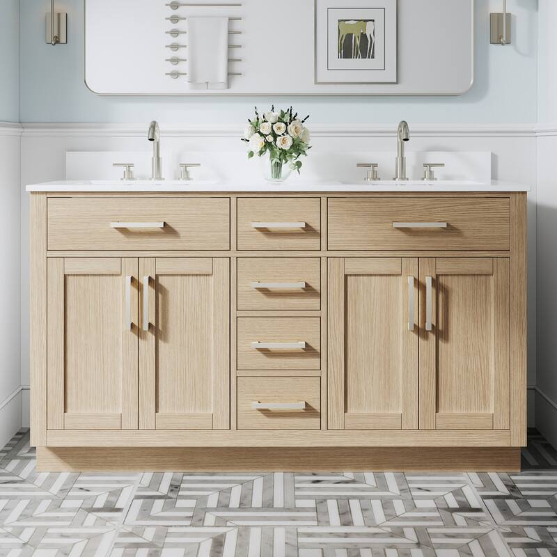 Front. WELLFOR - 60 in Solid Wood Bathroom Vanity with Double Sink,4 Doors,6 Drawers& Cultured Marble Countertop,Brushed Nickel Handle - OAK.