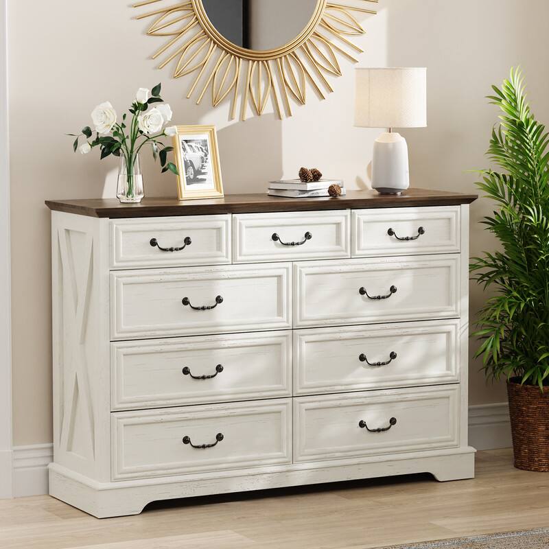 Alt View 4. Dyonery - Dyonery 9 Drawer Dresser for Bedroom, 52" Wide Rustic Wood Chest of Drawers with Large Storage and Metal Handles - White.