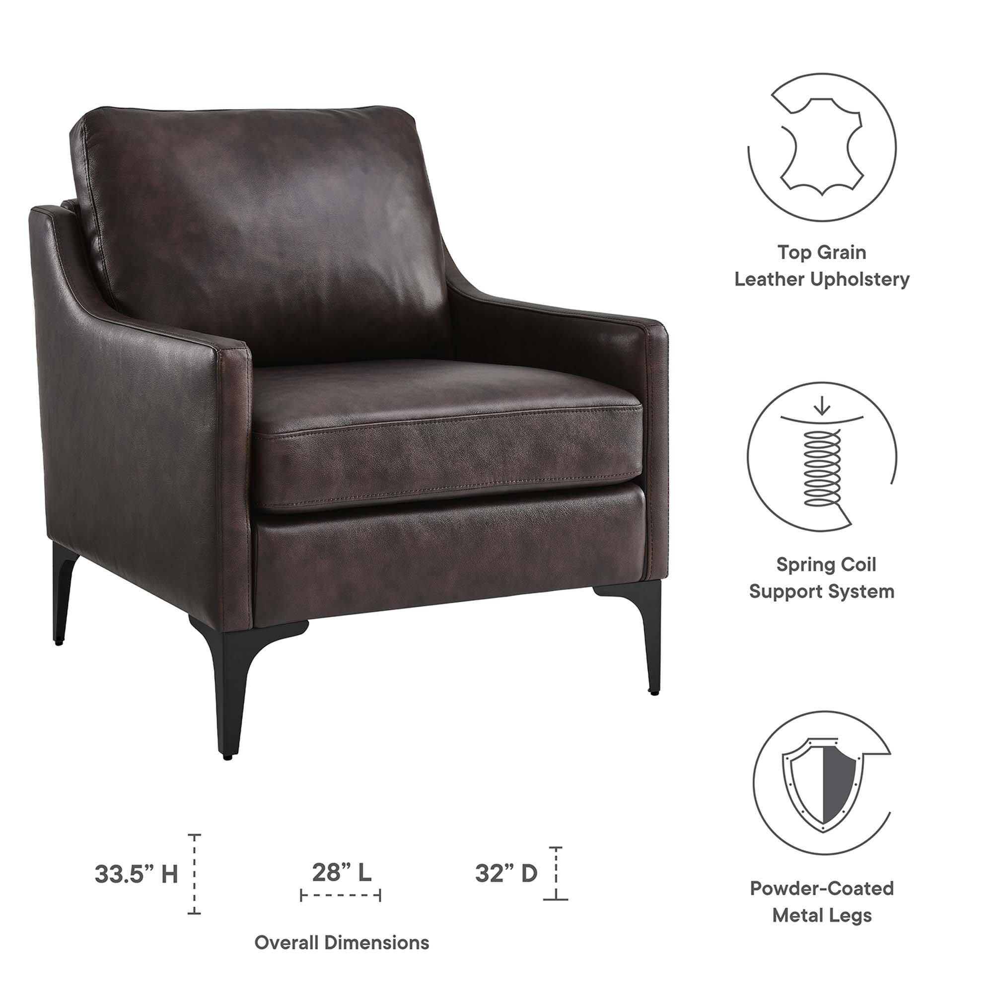 Top Grain Leather Upholstery  
Spring Coil Support System  
Powder-Coated Metal Legs  

Overall Dimensions:  
33.5" H x 28" L x 32" D