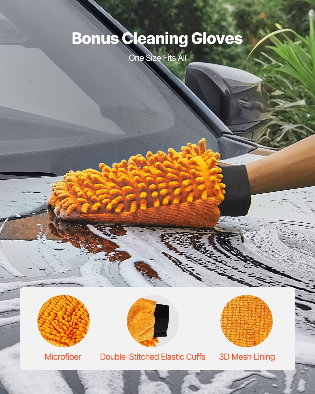 Bonus Cleaning Gloves  
One Size Fits All  

- Microfiber  
- Double-Stitched Elastic Cuffs  
- 3D Mesh Lining