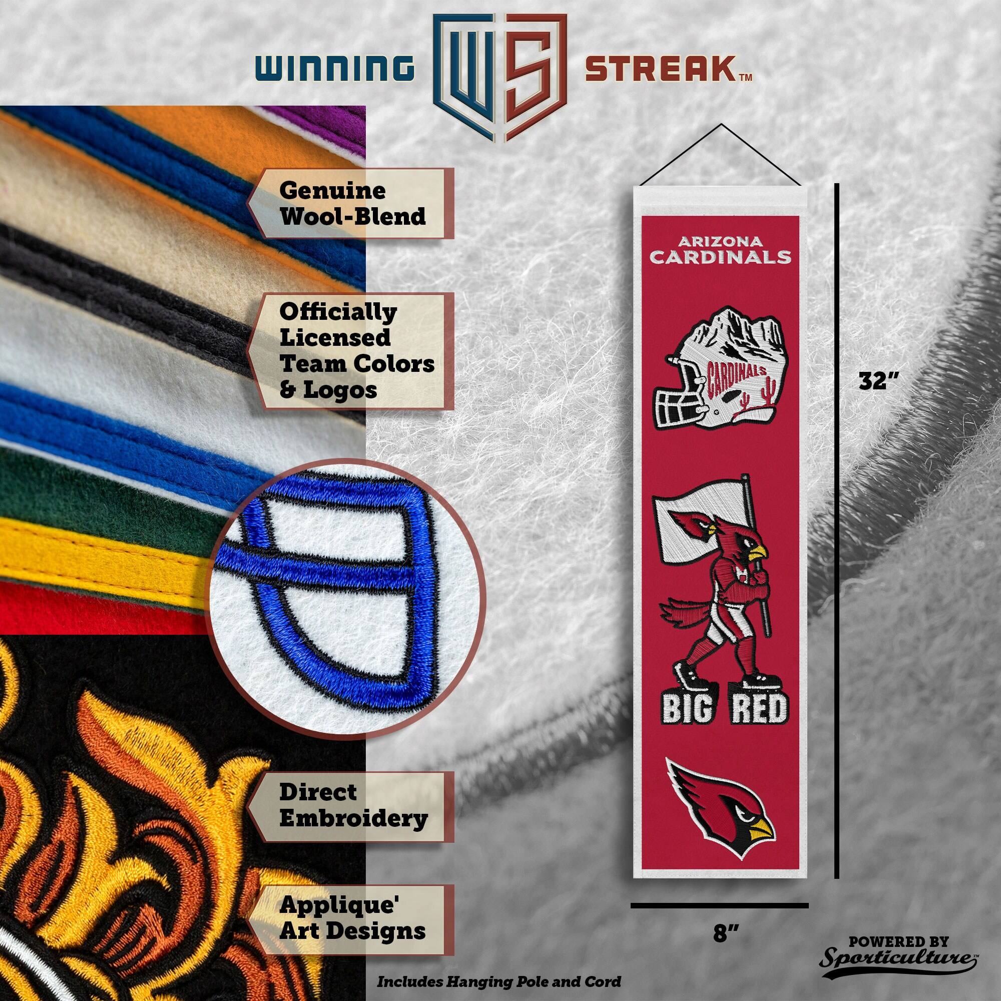 WINNING U 5 STREAK™ Genuine Wool-Blend ARIZONA CARDINALS Officially Licensed Team Colors & Logos CARONALS 32" BIG RED Direct Embroidery Applique' Art Designs Includes Hanging Pole and Cord 8" POWERED BY Sporticulture