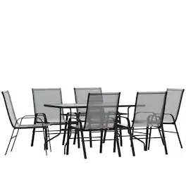 Emma + Oliver - Seven Piece Patio Table Set with Metal Table with Tempered Glass Top and 6 Flex Comfort Stacking Chairs - Gray