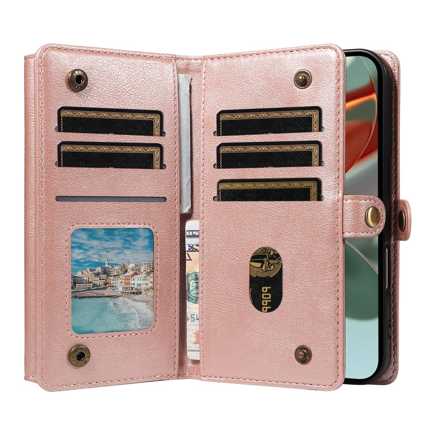 Angle. Dteck - Wallet Case For Google Pixel 9 Pro / 9, Shockproof PU Leather Detachable Shoulder Strap RFID Blocking Card Stand Cover - Rosegold.