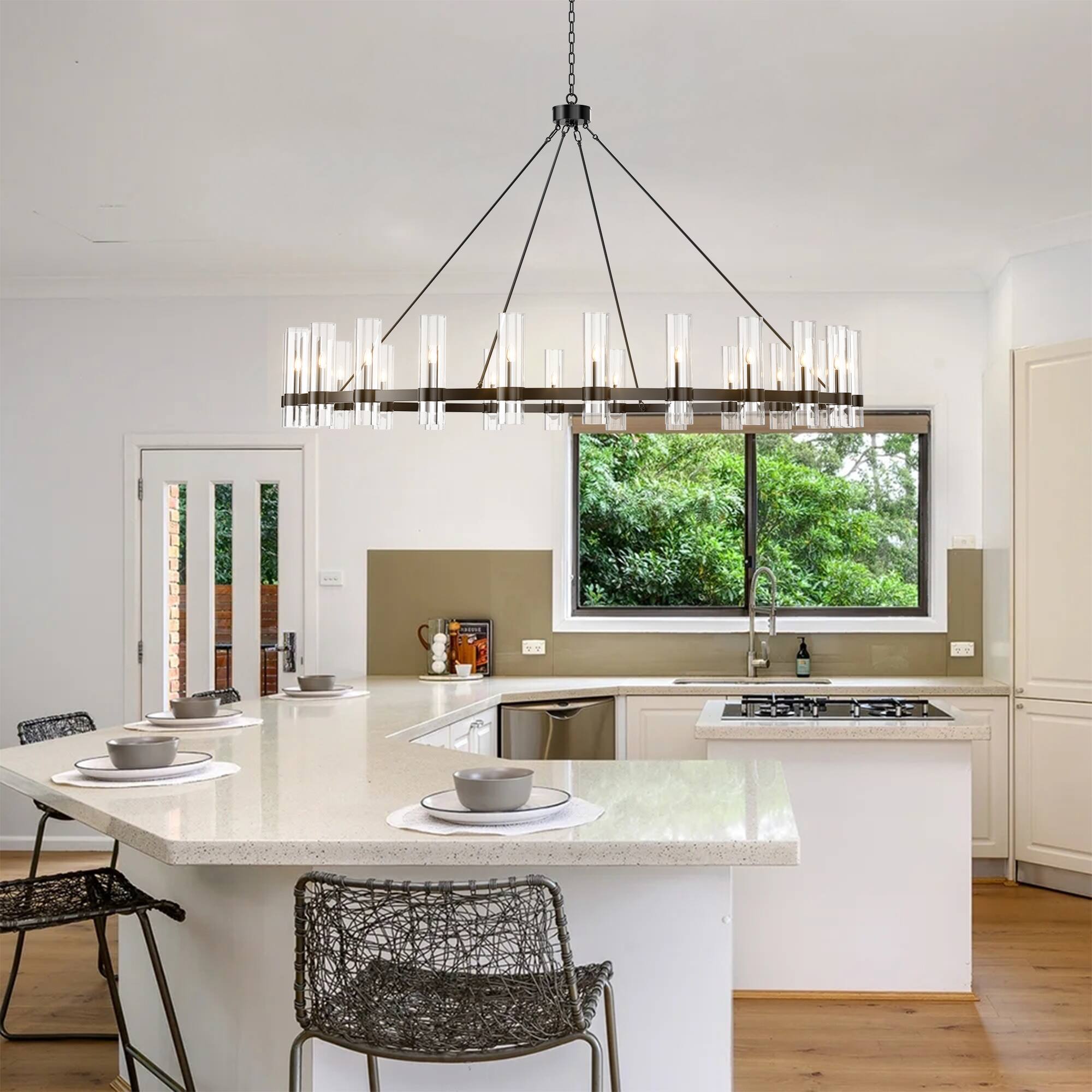 Back. RYHNUYNE - 59 Inch 24-Light Wagon Wheel Chandelier Large Adjustable Farmhouse Pendant Light with Glass Shades.