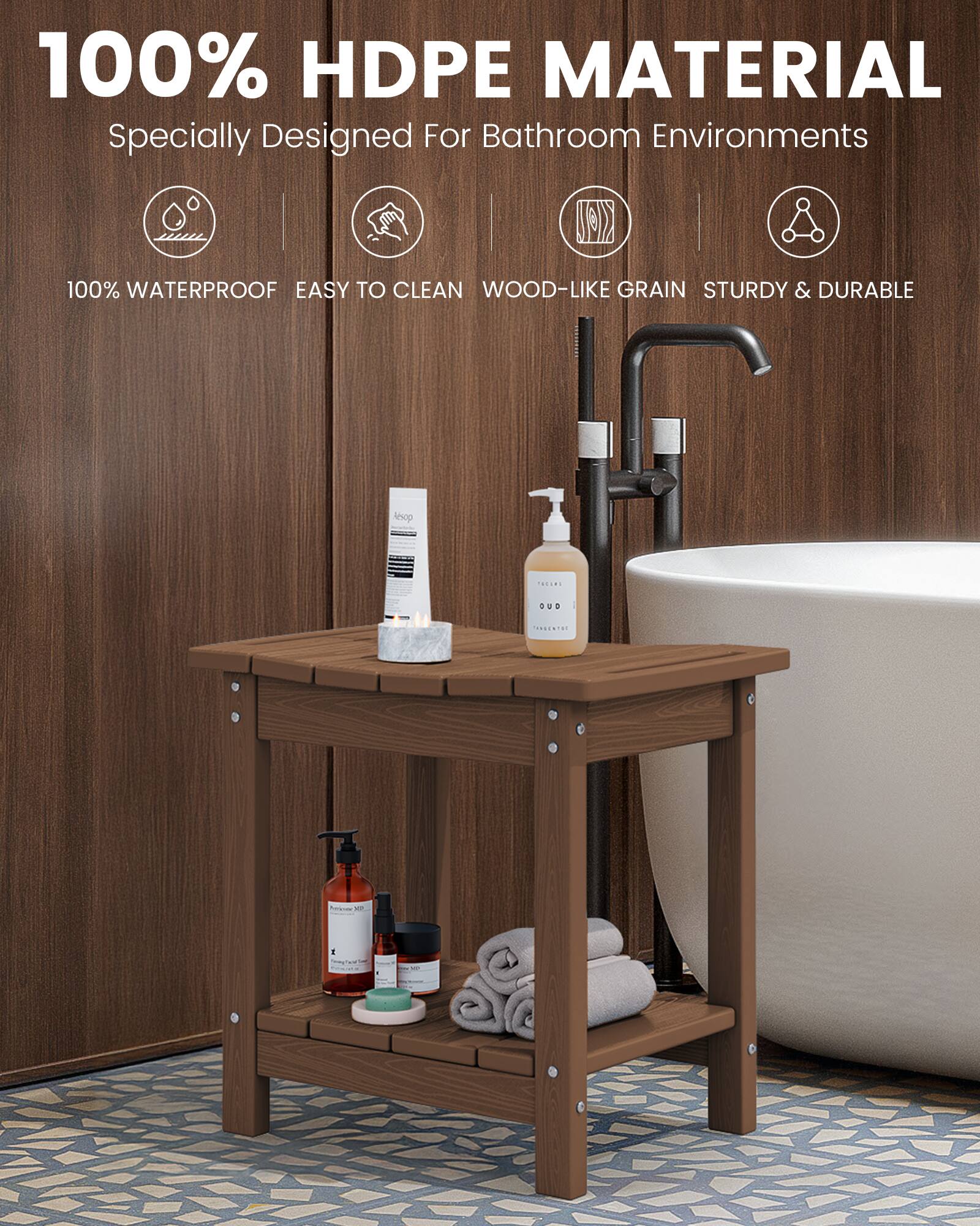 100% HDPE MATERIAL  
Specially Designed For Bathroom Environments  

100% WATERPROOF  
EASY TO CLEAN  
WOOD-LIKE GRAIN  
STURDY & DURABLE