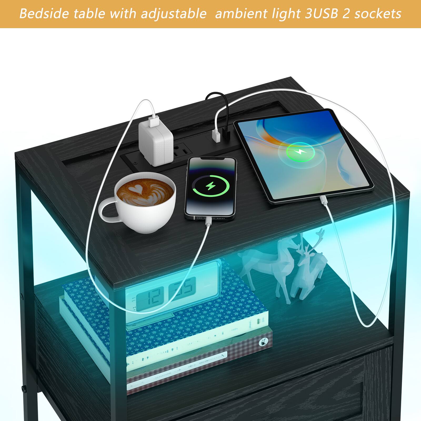 Bedside table with adjustable ambient light 3USB 2 sockets