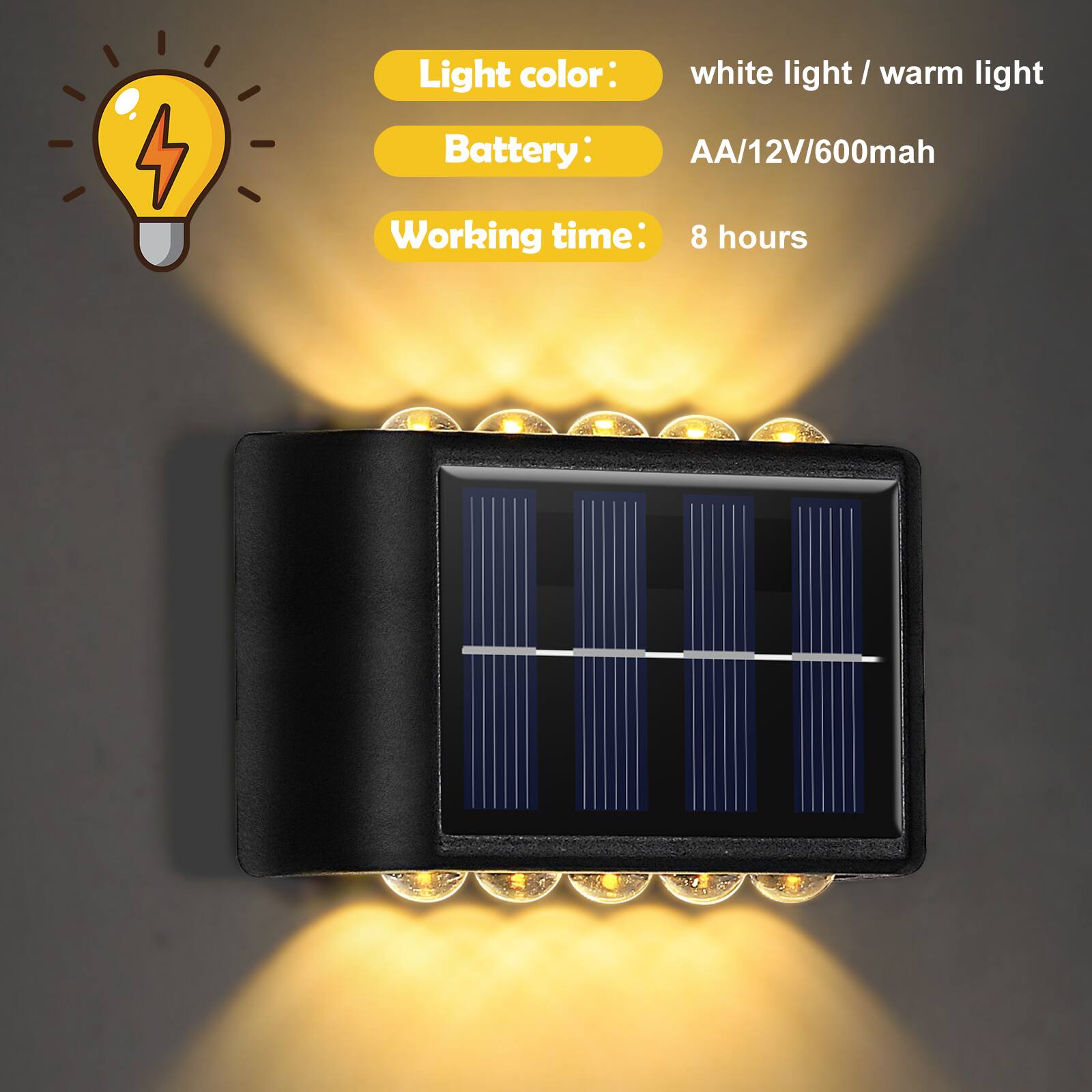 Light color: white light / warm light  
Battery: AA/12V/600mah  
Working time: 8 hours
