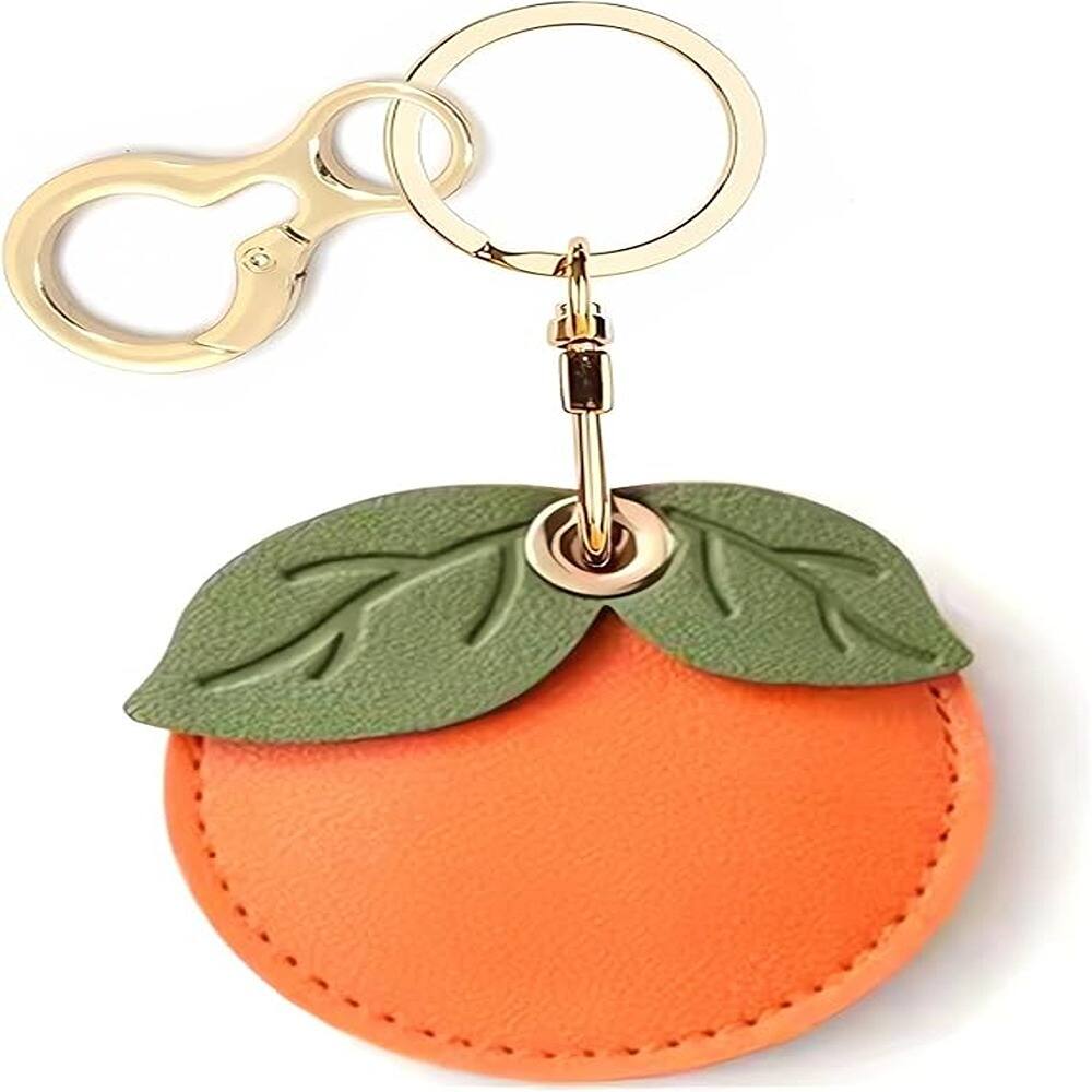 Front. RTMB - Leather Keychain Holder Case for AirTag - Cute, GPS Tracker, Keyring - Color: Persimmon.