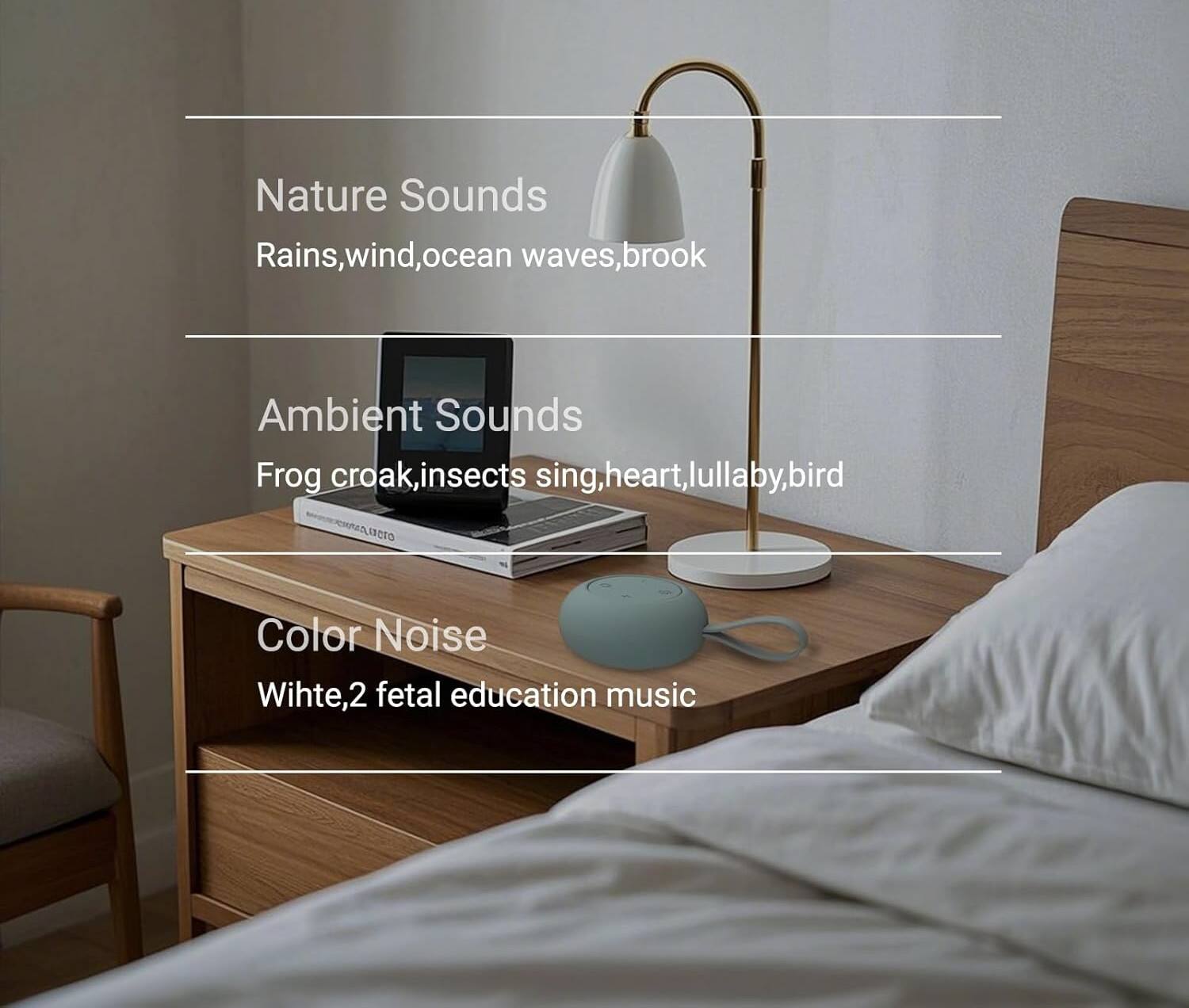 Nature Sounds  
Rains, wind, ocean waves, brook  

Ambient Sounds  
Frog croak, insects sing, heart, lullaby, bird  

Color Noise  
White, 2 fetal education music