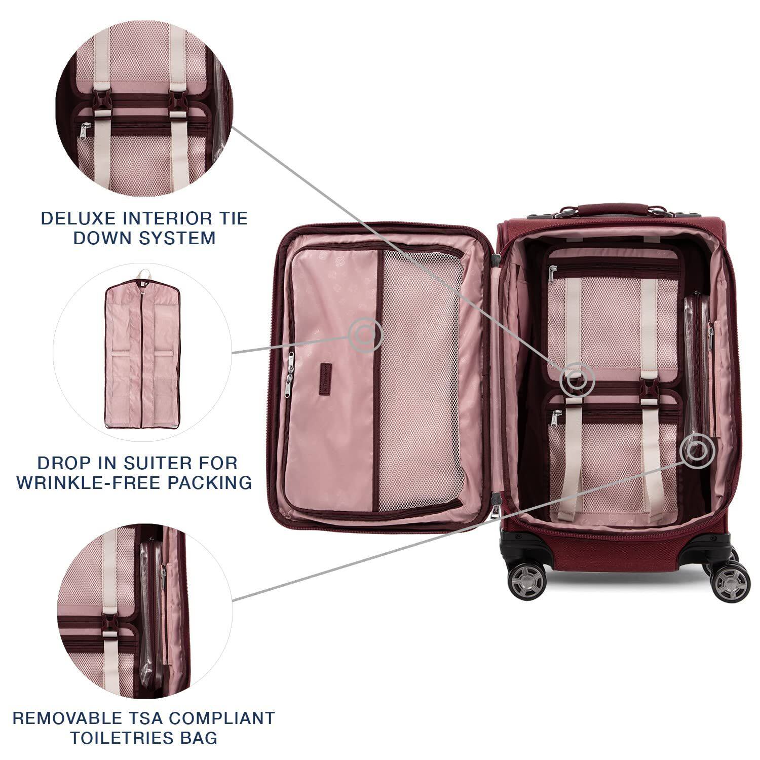 DELUXE INTERIOR TIE DOWN SYSTEM  
DROP IN SUITER FOR WRINKLE-FREE PACKING  
REMOVABLE TSA COMPLIANT TOILETRIES BAG