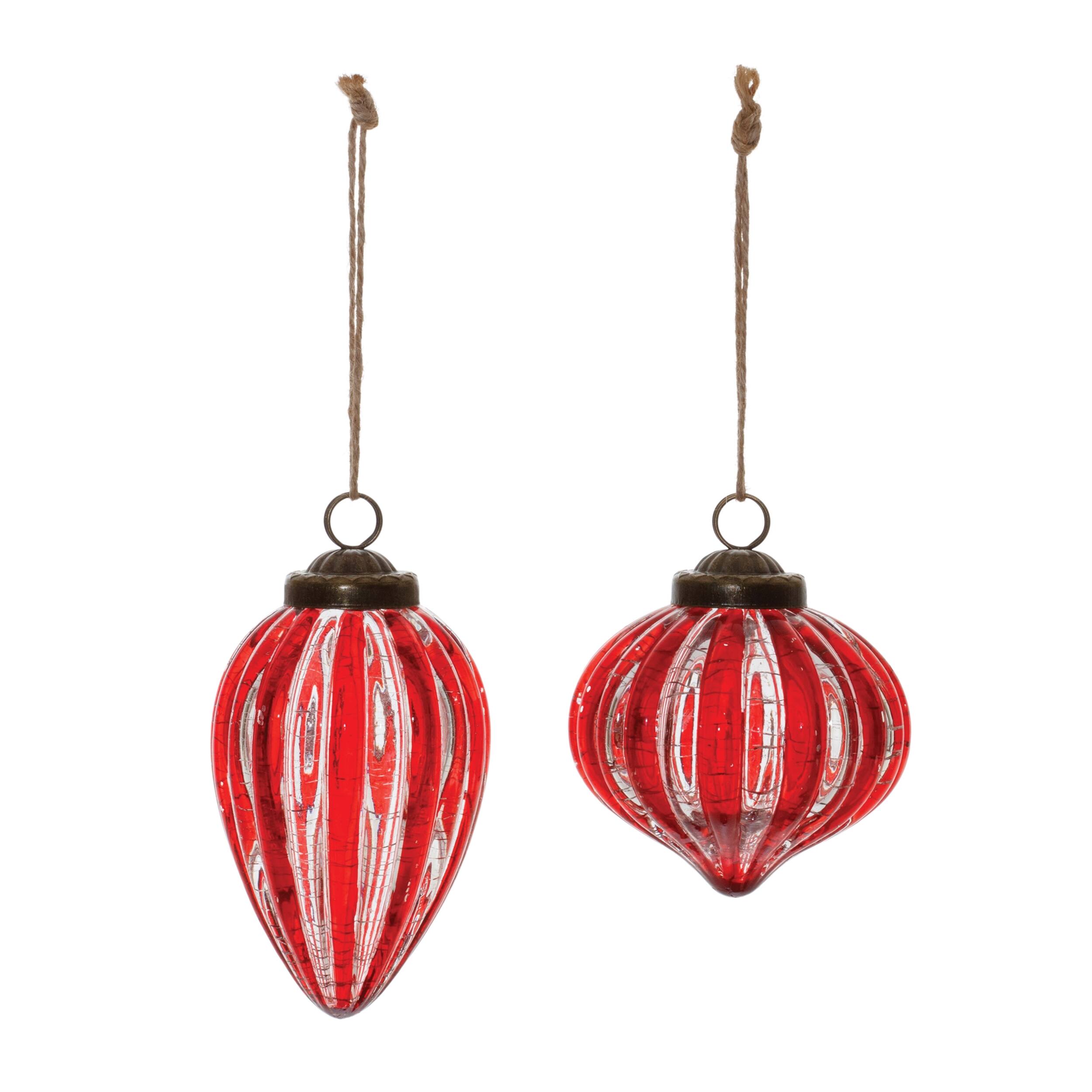 Angle. BreeBe - Red Ribbed Crackle Glass Ornament (Set of 6) - Red.