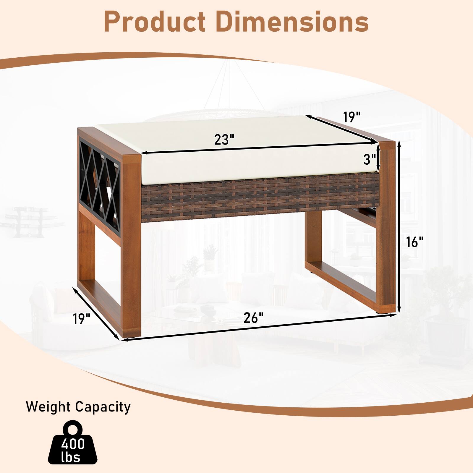 Product Dimensions  
23" x 19" x 3" x 16" x 26"  

Weight Capacity  
400 lbs