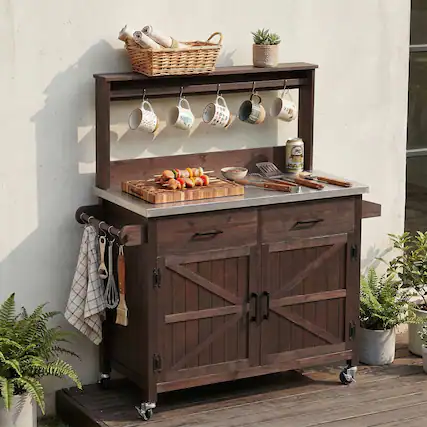 Front. Chateau Abodes - 54.1" Outdoor Kitchen Island with High Shelf, Stainless Steel Top & Storage Cabinet & Lockable Wheels - Brown.