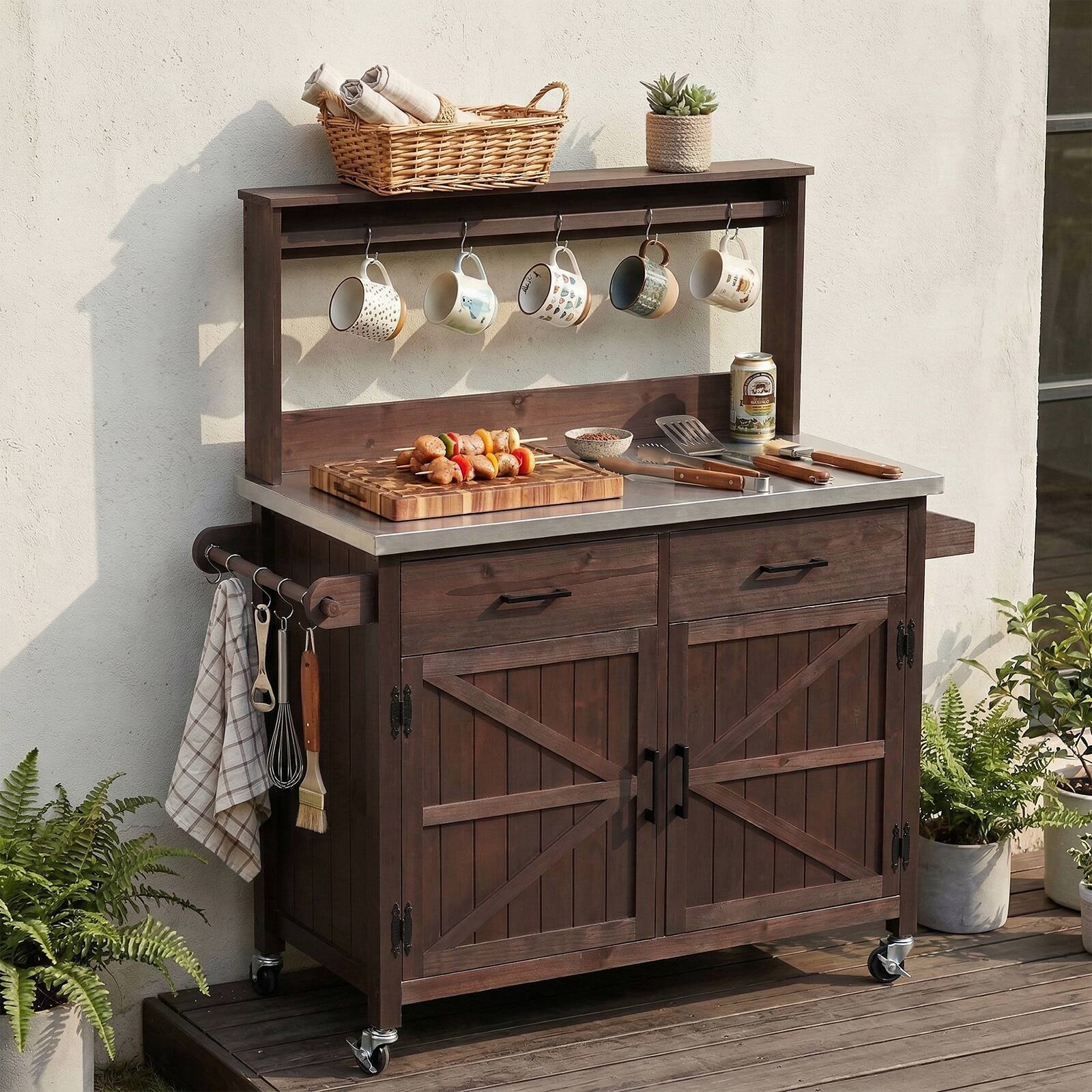 Front. Chateau Abodes - 54.1" Outdoor Kitchen Island with High Shelf, Stainless Steel Top & Storage Cabinet & Lockable Wheels - Brown.