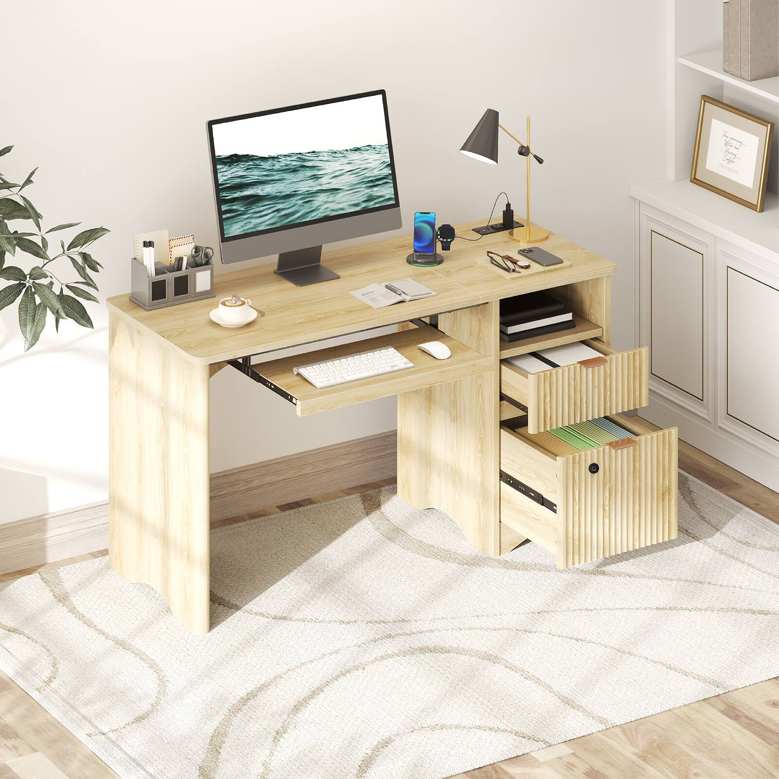 Alt View 4. Bestier - 65 Inch Executive Desk with Fingerprint Lock & Built-in Power Outlet, Computer Desk with Drawers for Home Office Desk - Natual Oak.