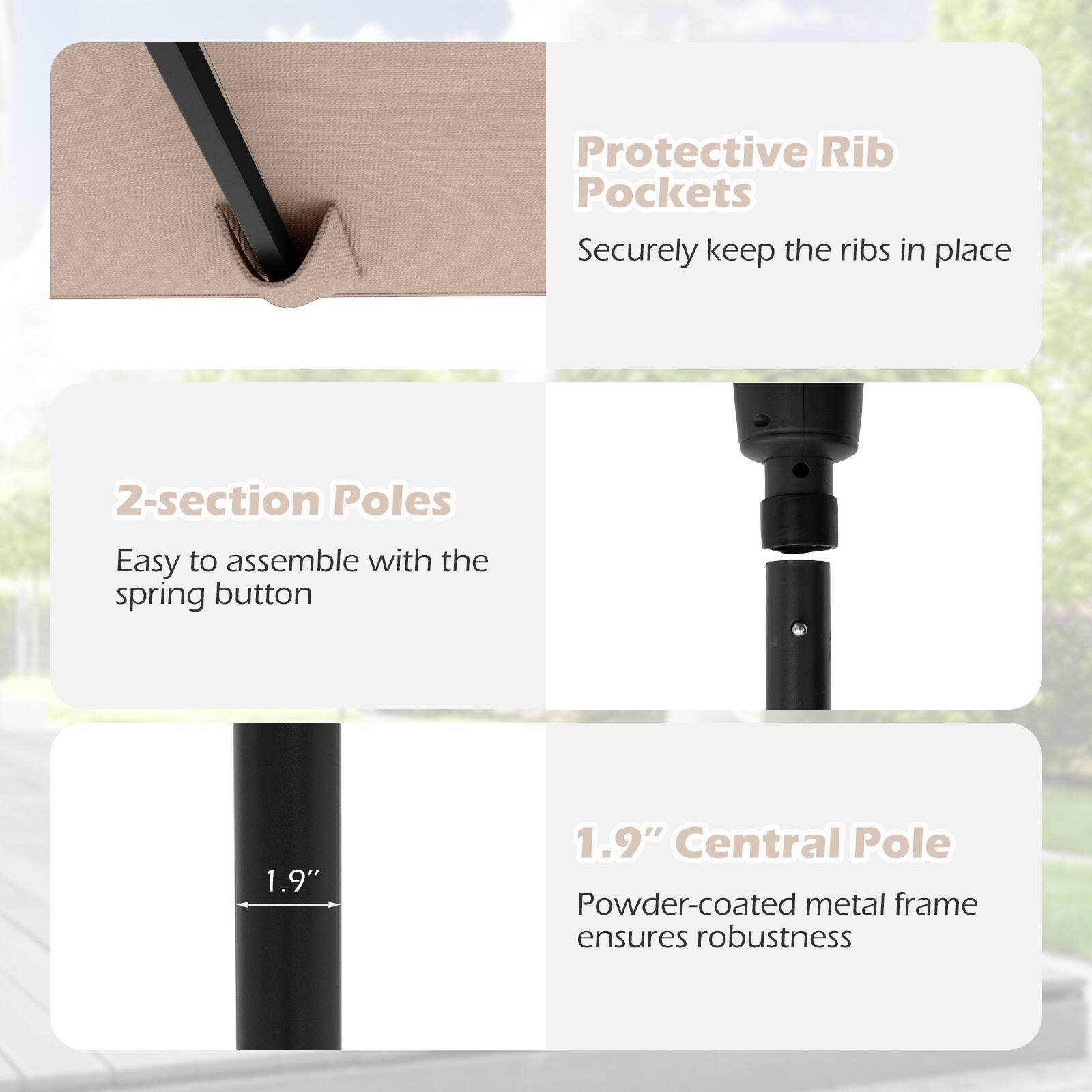 Protective Rib Pockets, 2-section Poles, 1.9" Central Pole