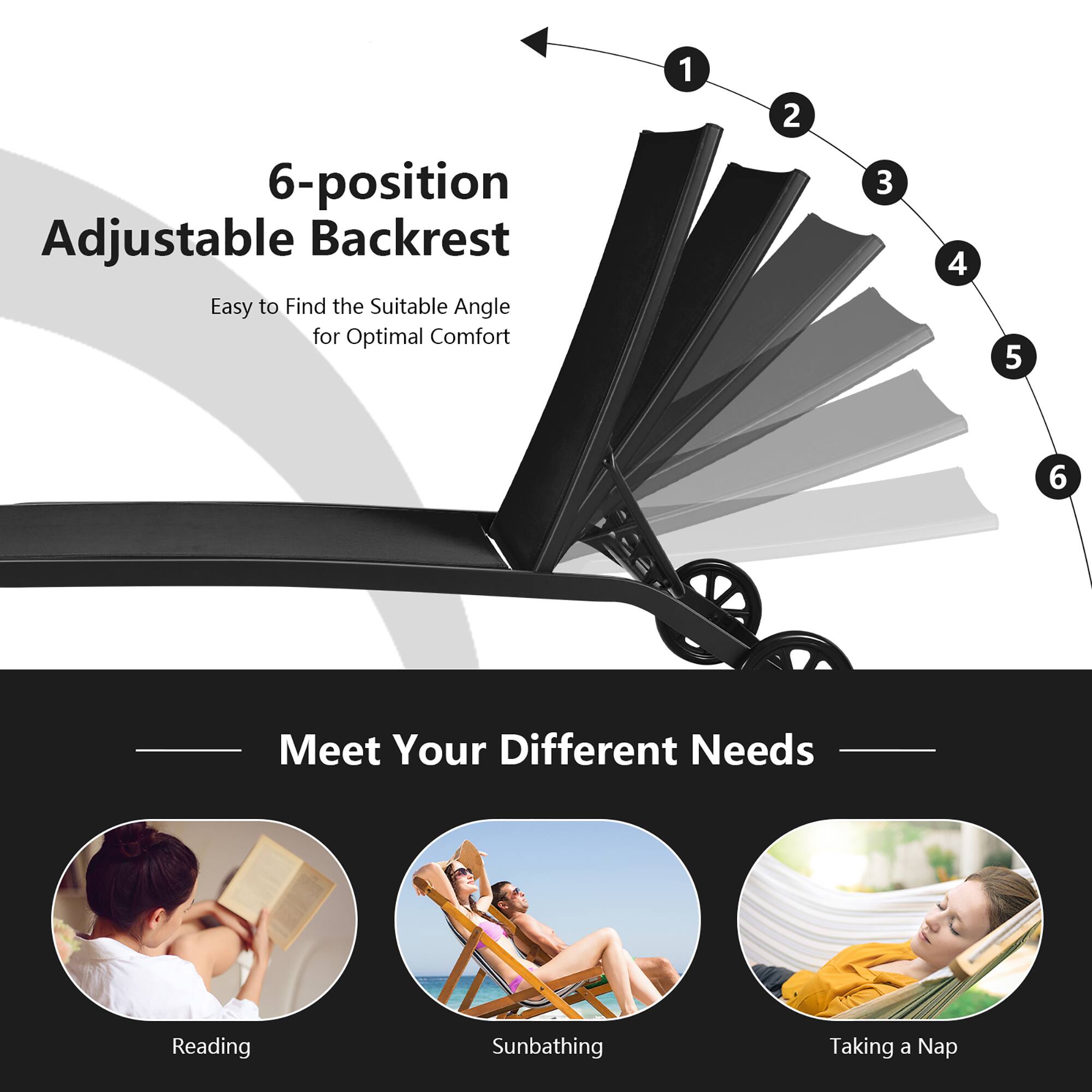6-position Adjustable Backrest
Easy to Find the Suitable Angle for Optimal Comfort
1 2 3 4 5 6
Meet Your Different Needs
Reading
Sunbathing
Taking a Nap