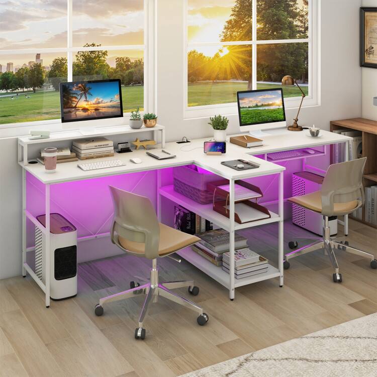 Left. SlickBlue - 2-Person Long Reversible Computer Desk with LED Lights and Storage Space - White.