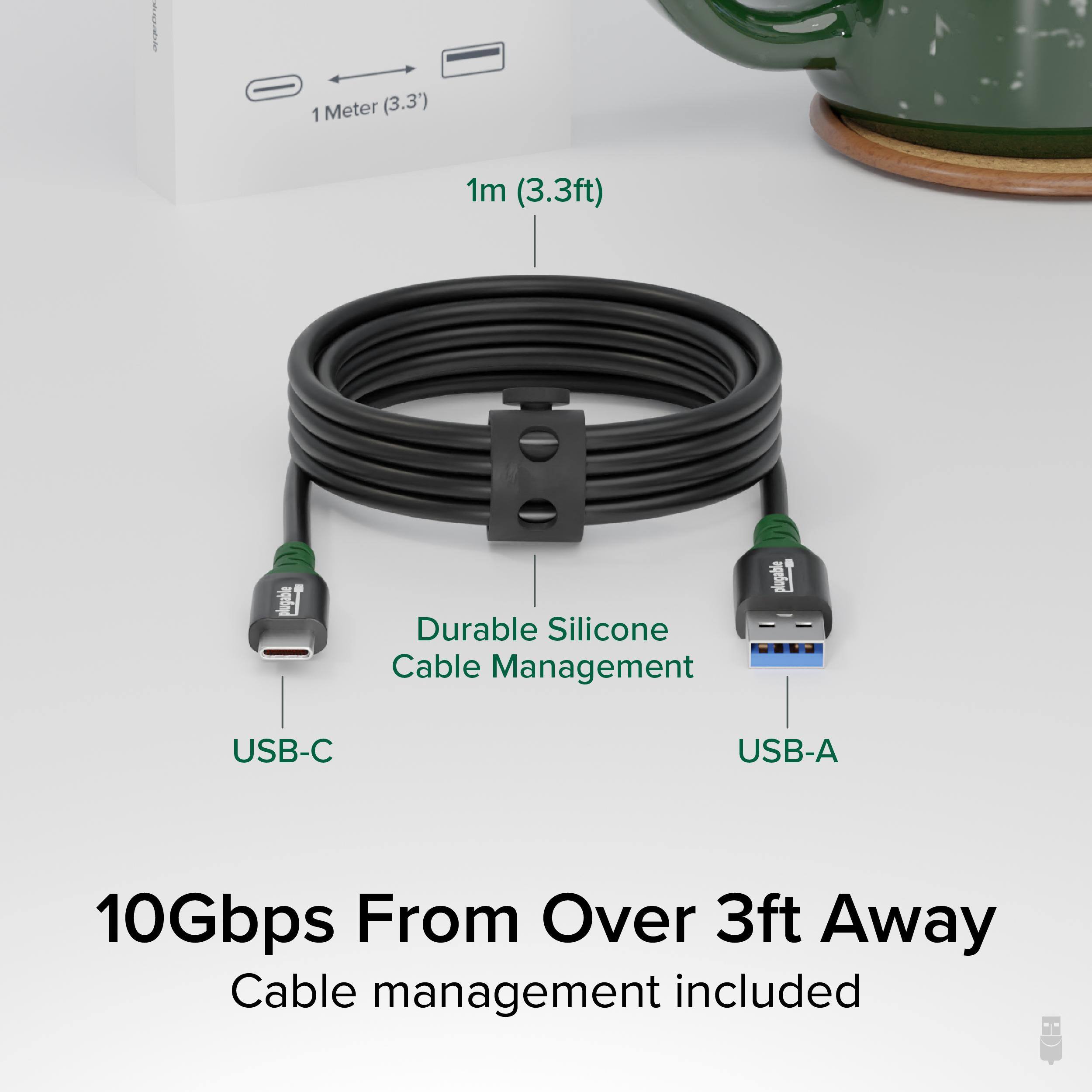 1 Meter (3.3') 1m (3.3ft) Durable Silicone Cable Management USB-C USB-A 10Gbps From Over 3ft Away Cable management included