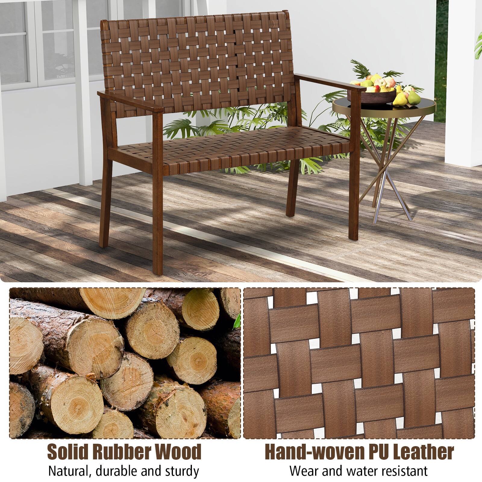 Solid Rubber Wood: Natural, durable and sturdy
Hand-woven PU Leather: Wear and water resistant