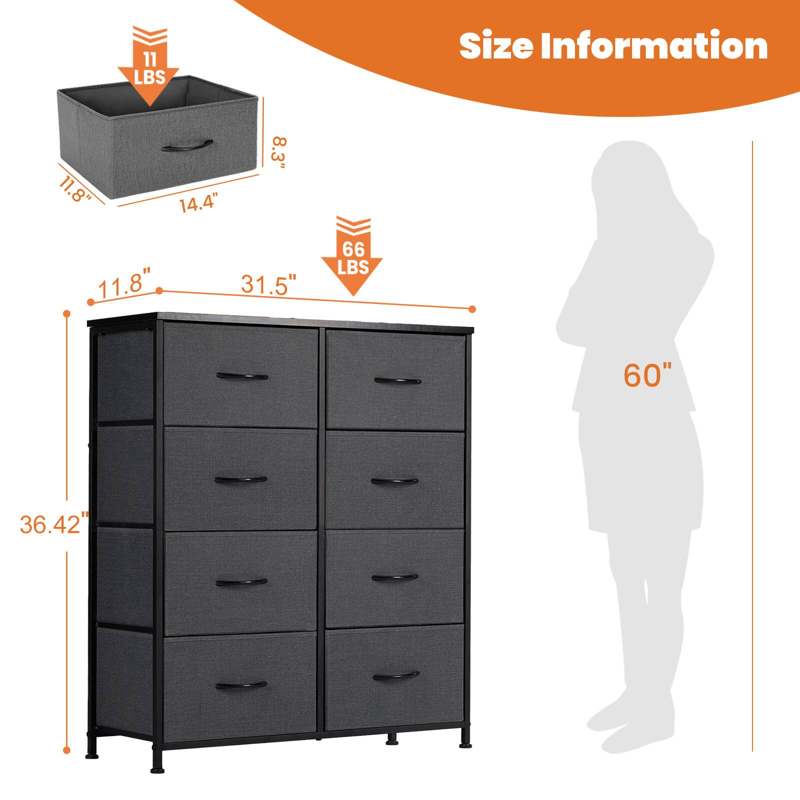 11 LBS  
Size Information  
8.3" 11.8" 14.4" 11.8" 31.5"  
66 LBS  
60"  
36.42"