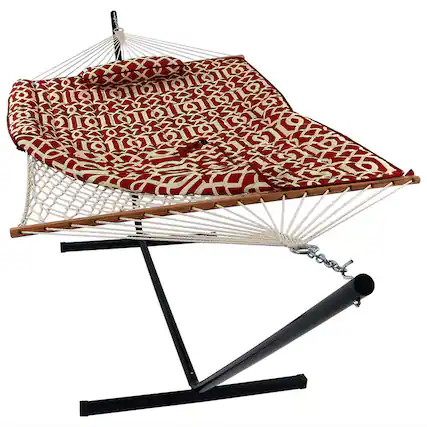 Front. Sunnydaze - 2-Person Rope Hammock with Steel Stand and Pad/Pillow - Royal Red.