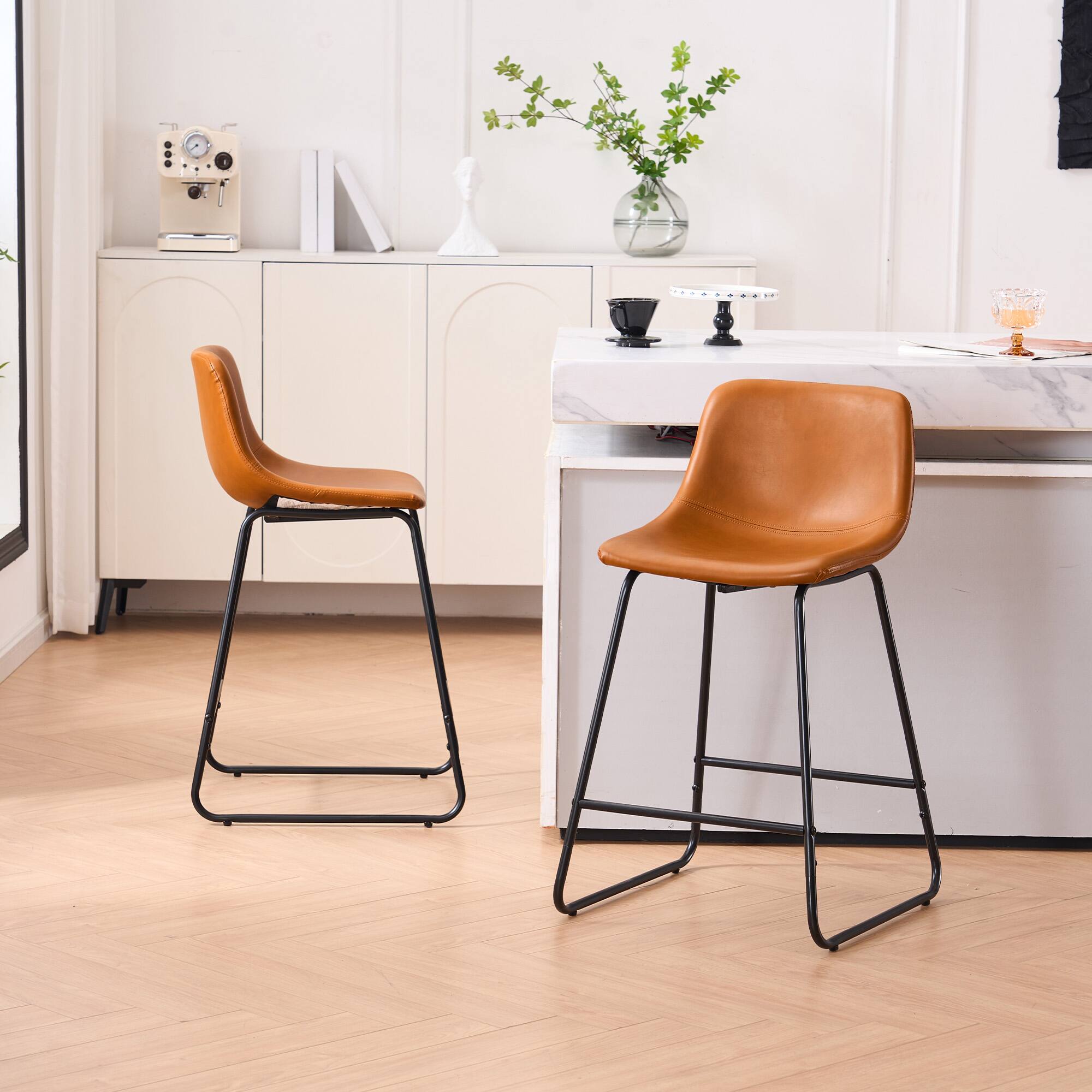 Left. FERPIT - FERPIT Bar Stools Set of 2 Faux Leather Counter Height Bar Stools with Back, Brown, 24" - Brown.